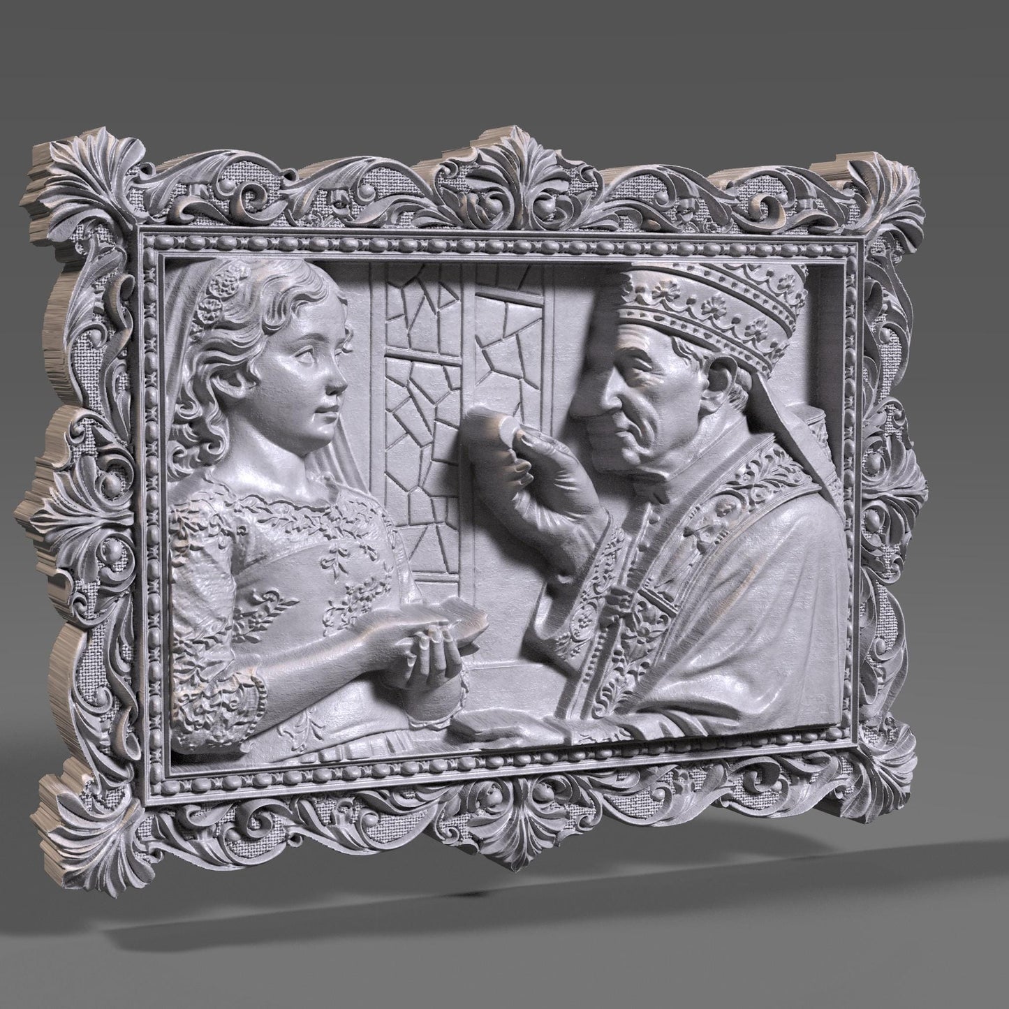 Ornate wooden bas-relief artwork depicting a First Communion scene, featuring a child receiving the Eucharist from a priest, framed in an intricate classical border. The relief shows fine facial details, flowing garments, and deep carved textures, rendered in wood style. Designed as a custom 3D bas-relief STL from a child’s photo, ideal for CNC carving, 3D printing, and Catholic religious keepsakes.