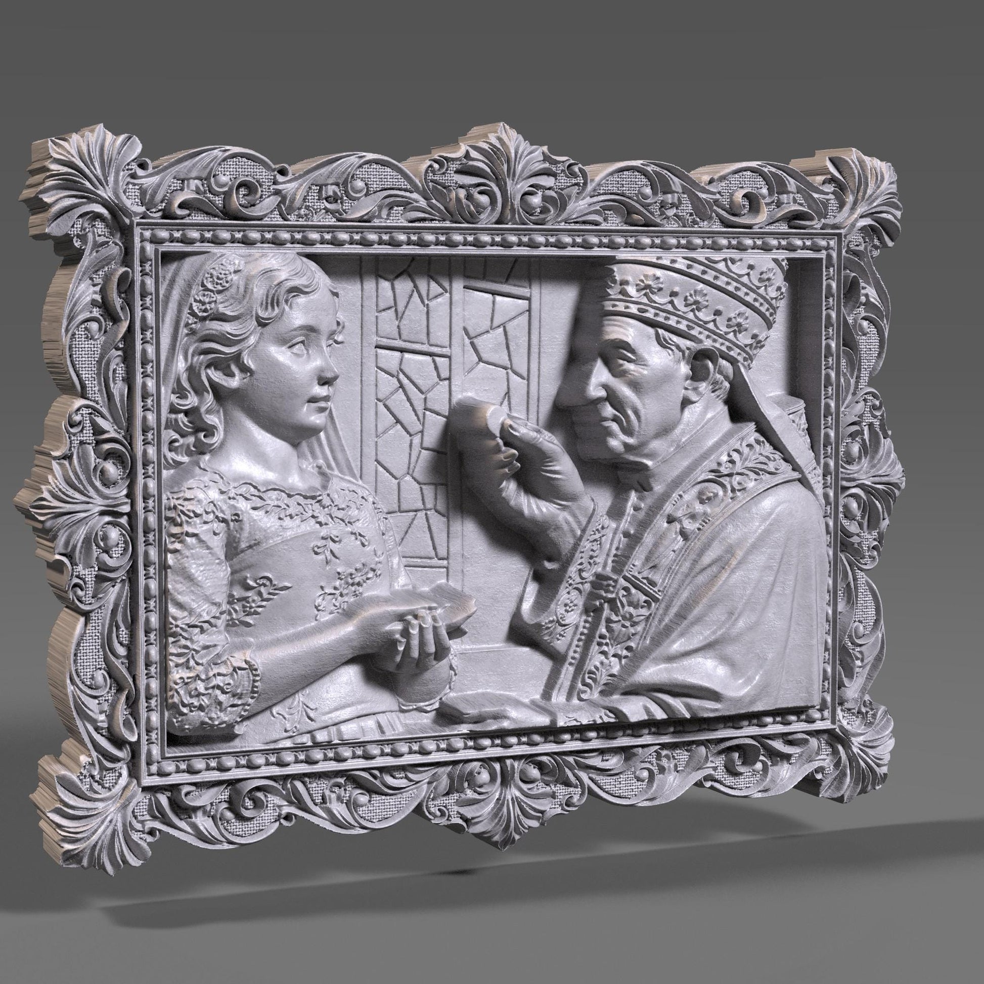Ornate wooden bas-relief artwork depicting a First Communion scene, featuring a child receiving the Eucharist from a priest, framed in an intricate classical border. The relief shows fine facial details, flowing garments, and deep carved textures, rendered in wood style. Designed as a custom 3D bas-relief STL from a child’s photo, ideal for CNC carving, 3D printing, and Catholic religious keepsakes.