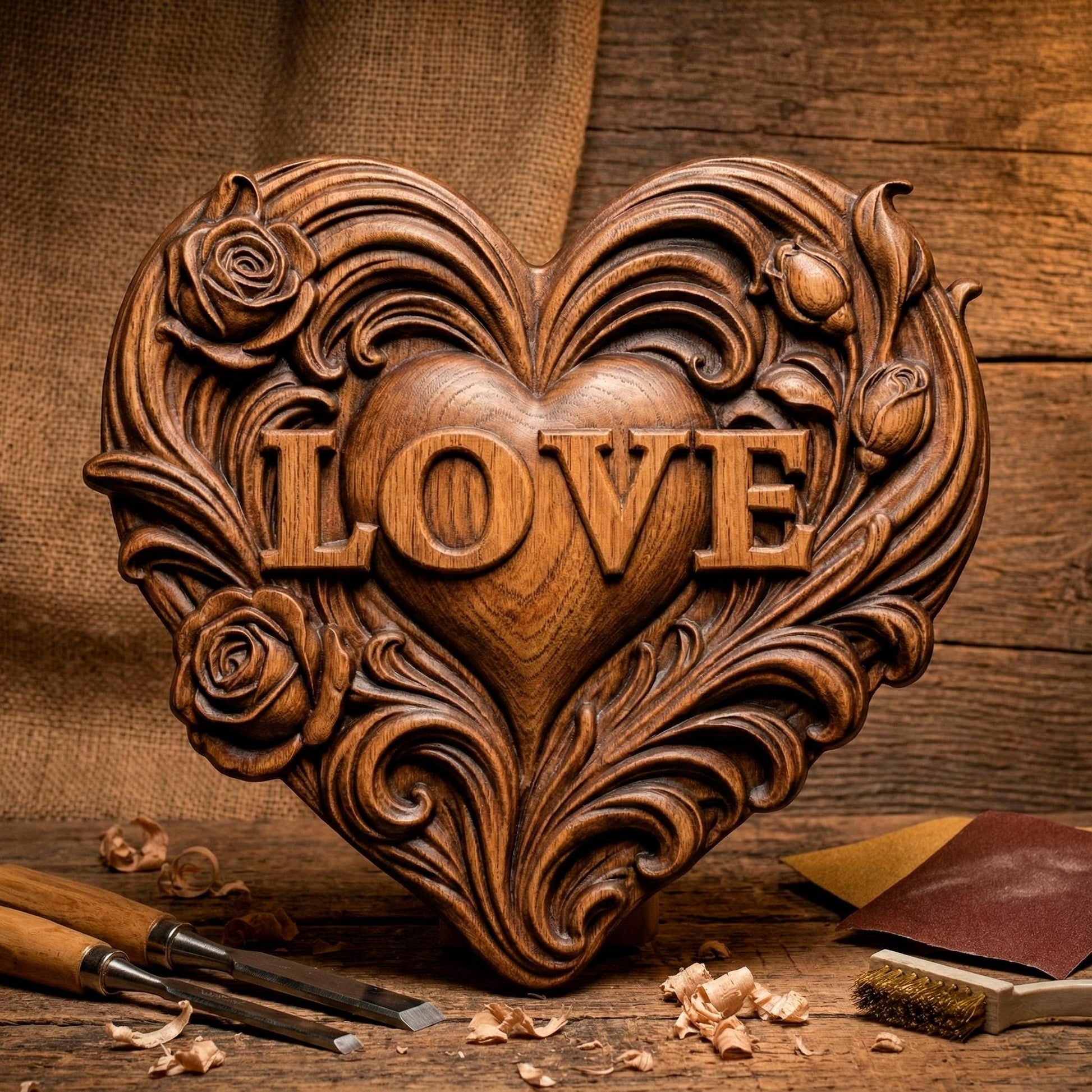 Romantic heart-shaped bas relief sculpture featuring the word LOVE carved in raised letters, surrounded by flowing floral and scroll details. Shown in warm carved wood and modern gray resin finishes, displayed as elegant tabletop and wall decor. Ideal for Valentine’s Day, anniversaries, weddings, or romantic home decor with a handcrafted, sculptural aesthetic.