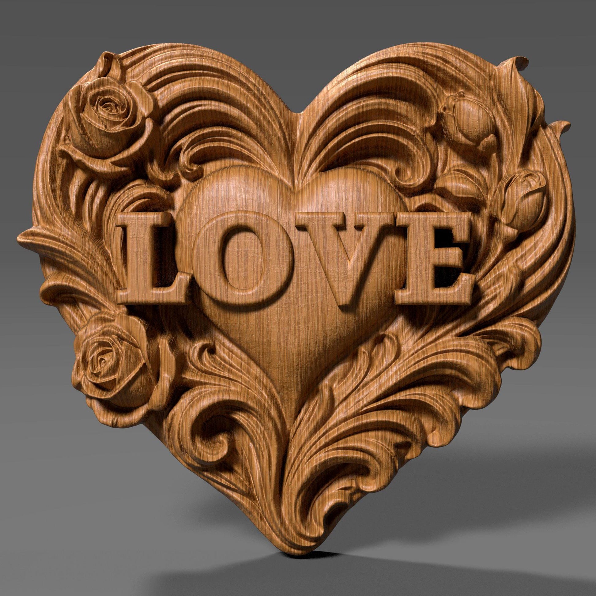 Romantic heart-shaped bas relief sculpture featuring the word LOVE carved in raised letters, surrounded by flowing floral and scroll details. Shown in warm carved wood and modern gray resin finishes, displayed as elegant tabletop and wall decor. Ideal for Valentine’s Day, anniversaries, weddings, or romantic home decor with a handcrafted, sculptural aesthetic.