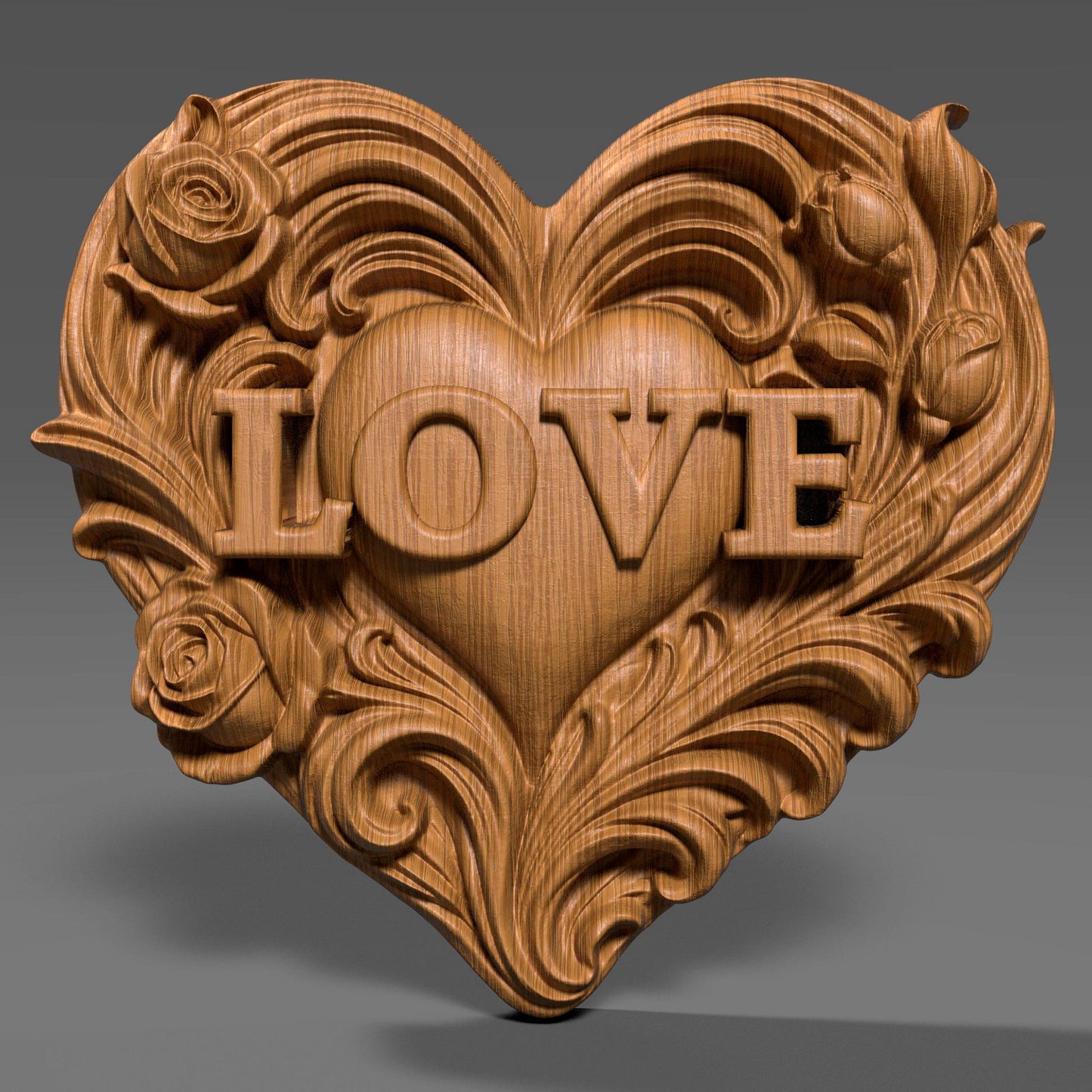 Romantic heart-shaped bas relief sculpture featuring the word LOVE carved in raised letters, surrounded by flowing floral and scroll details. Shown in warm carved wood and modern gray resin finishes, displayed as elegant tabletop and wall decor. Ideal for Valentine’s Day, anniversaries, weddings, or romantic home decor with a handcrafted, sculptural aesthetic.