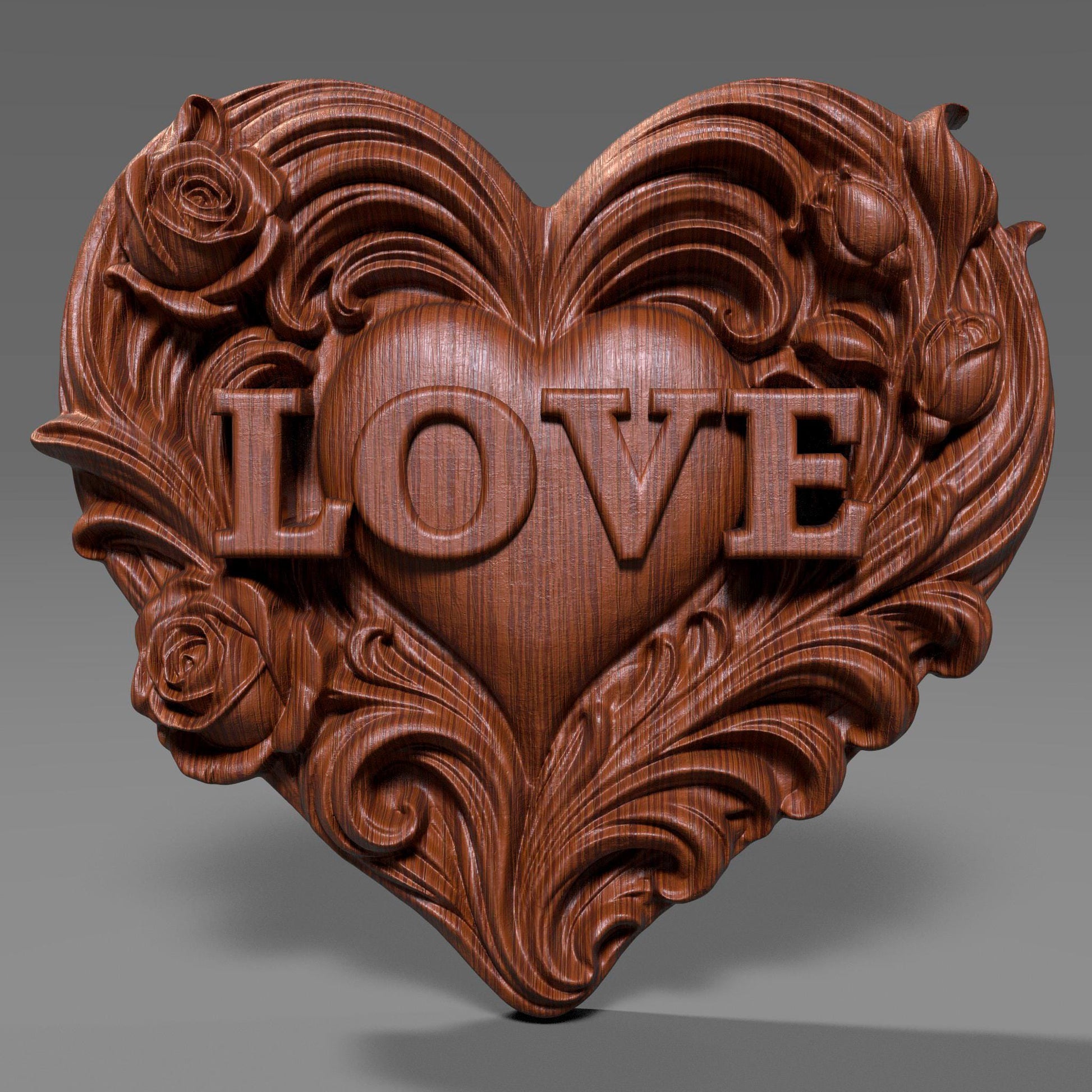 Romantic heart-shaped bas relief sculpture featuring the word LOVE carved in raised letters, surrounded by flowing floral and scroll details. Shown in warm carved wood and modern gray resin finishes, displayed as elegant tabletop and wall decor. Ideal for Valentine’s Day, anniversaries, weddings, or romantic home decor with a handcrafted, sculptural aesthetic.