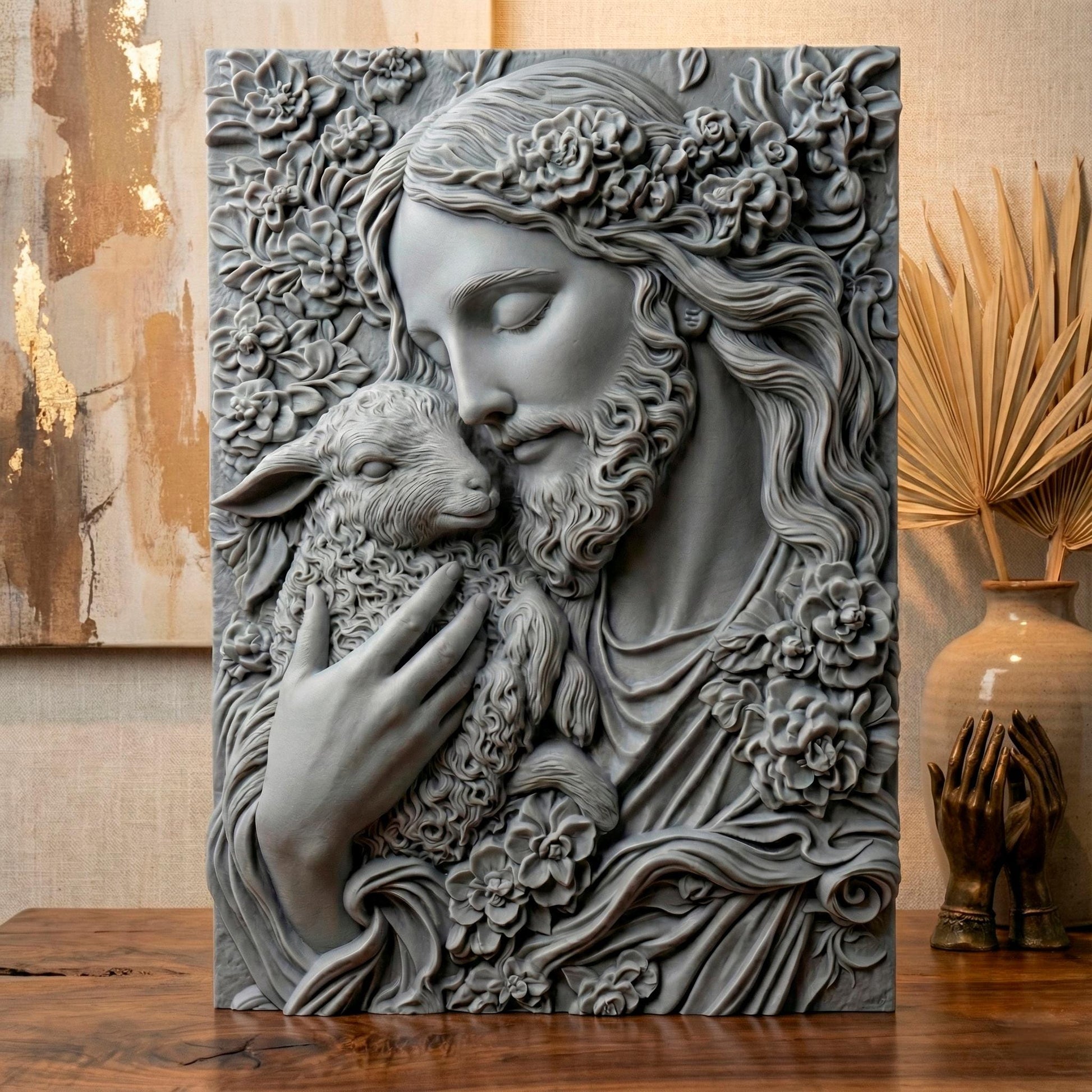3D bas-relief carving of Jesus gently holding a lamb, surrounded by floral patterns. Ideal for CNC carving, 3D printing, or laser engraving. The artwork expresses compassion and faith, featuring intricate details in hair, wool, and flowers—suitable for wood, resin, or marble finishes. A spiritual and elegant design perfect for religious decor.