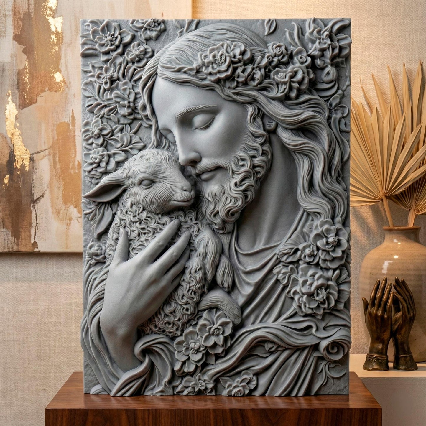 3D bas-relief carving of Jesus gently holding a lamb, surrounded by floral patterns. Ideal for CNC carving, 3D printing, or laser engraving. The artwork expresses compassion and faith, featuring intricate details in hair, wool, and flowers—suitable for wood, resin, or marble finishes. A spiritual and elegant design perfect for religious decor.