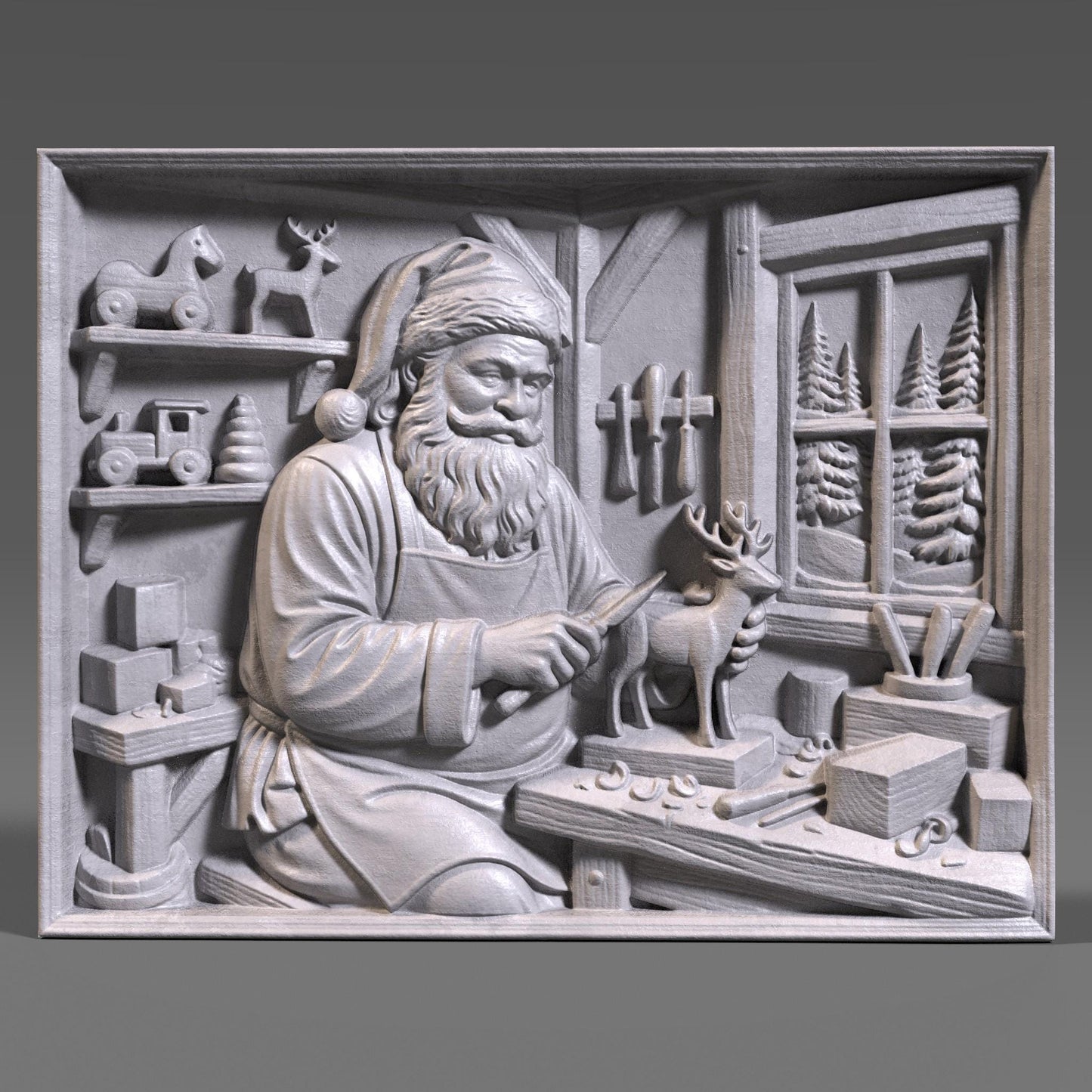Detailed wooden bas relief carving of Santa Claus working in his Christmas workshop, carefully carving a small reindeer figurine on a workbench. The scene features shelves with wooden toys, tools hanging on the wall, wrapped gifts, and a window showing pine trees outside. Rich wood grain texture, deep sculpted details, and a warm handcrafted holiday aesthetic suitable for Christmas wall decor.