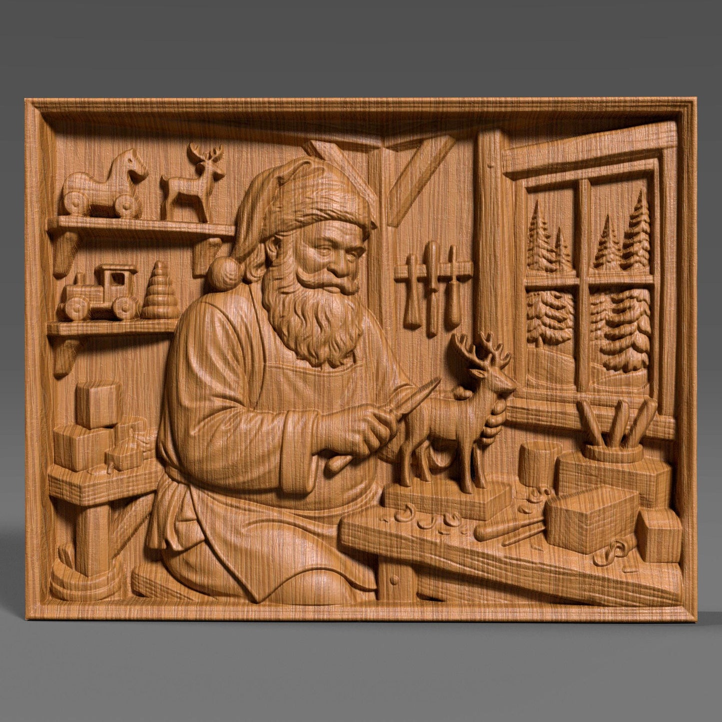 Detailed wooden bas relief carving of Santa Claus working in his Christmas workshop, carefully carving a small reindeer figurine on a workbench. The scene features shelves with wooden toys, tools hanging on the wall, wrapped gifts, and a window showing pine trees outside. Rich wood grain texture, deep sculpted details, and a warm handcrafted holiday aesthetic suitable for Christmas wall decor.