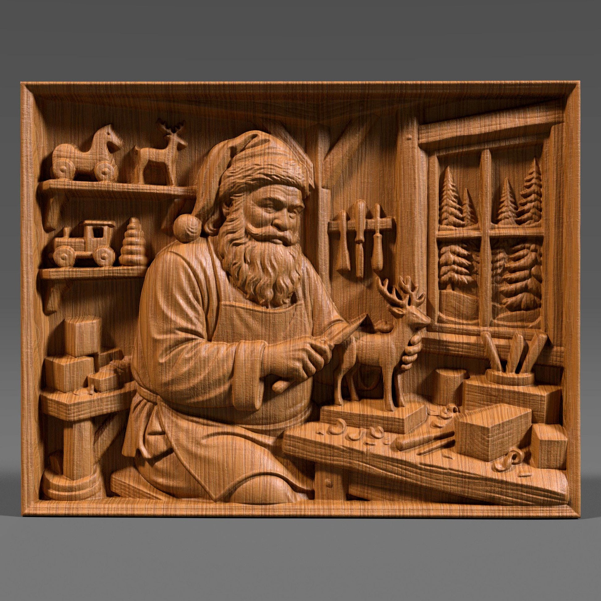 Detailed wooden bas relief carving of Santa Claus working in his Christmas workshop, carefully carving a small reindeer figurine on a workbench. The scene features shelves with wooden toys, tools hanging on the wall, wrapped gifts, and a window showing pine trees outside. Rich wood grain texture, deep sculpted details, and a warm handcrafted holiday aesthetic suitable for Christmas wall decor.