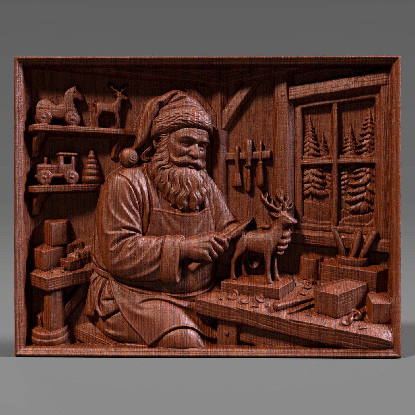Detailed wooden bas relief carving of Santa Claus working in his Christmas workshop, carefully carving a small reindeer figurine on a workbench. The scene features shelves with wooden toys, tools hanging on the wall, wrapped gifts, and a window showing pine trees outside. Rich wood grain texture, deep sculpted details, and a warm handcrafted holiday aesthetic suitable for Christmas wall decor.