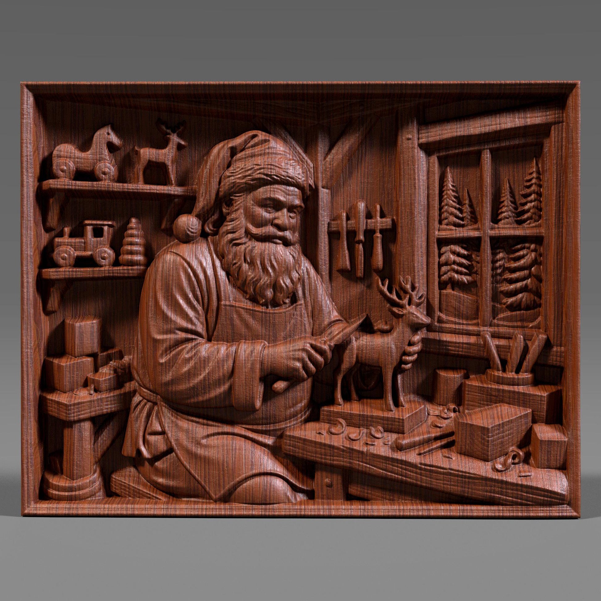 Detailed wooden bas relief carving of Santa Claus working in his Christmas workshop, carefully carving a small reindeer figurine on a workbench. The scene features shelves with wooden toys, tools hanging on the wall, wrapped gifts, and a window showing pine trees outside. Rich wood grain texture, deep sculpted details, and a warm handcrafted holiday aesthetic suitable for Christmas wall decor.