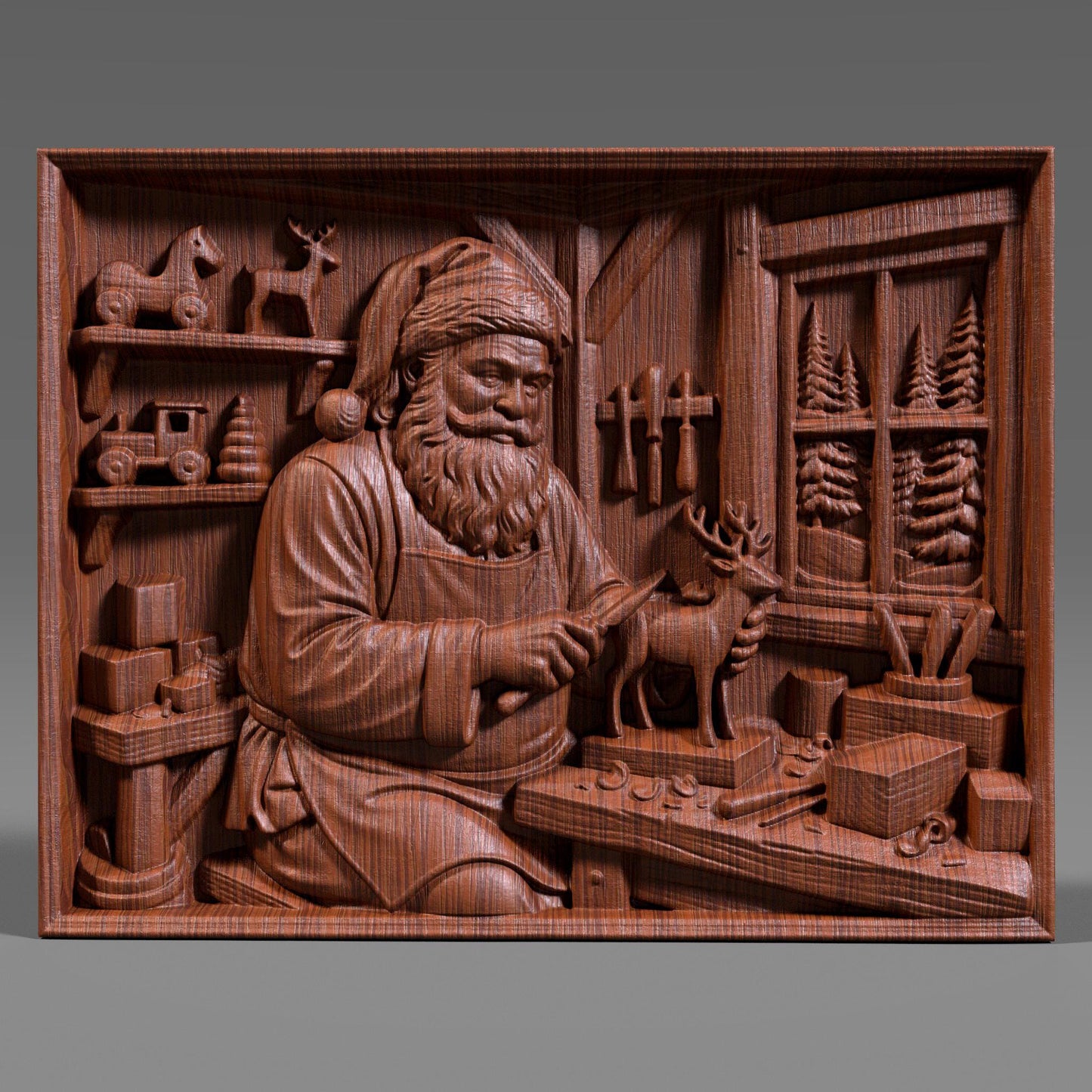 Detailed wooden bas relief carving of Santa Claus working in his Christmas workshop, carefully carving a small reindeer figurine on a workbench. The scene features shelves with wooden toys, tools hanging on the wall, wrapped gifts, and a window showing pine trees outside. Rich wood grain texture, deep sculpted details, and a warm handcrafted holiday aesthetic suitable for Christmas wall decor.