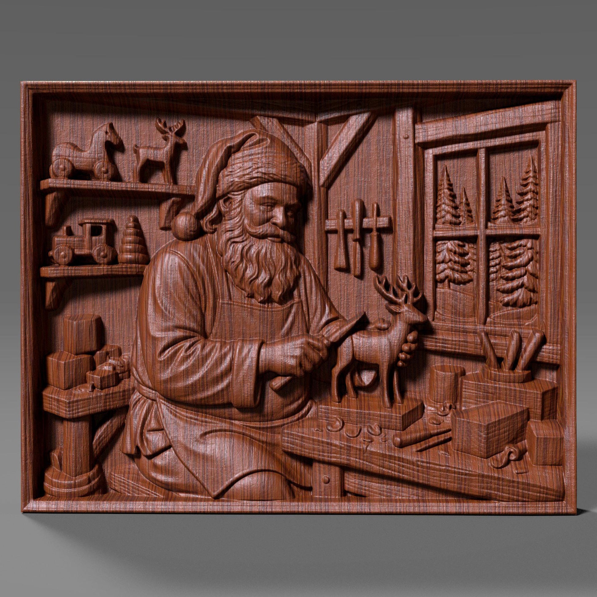 Detailed wooden bas relief carving of Santa Claus working in his Christmas workshop, carefully carving a small reindeer figurine on a workbench. The scene features shelves with wooden toys, tools hanging on the wall, wrapped gifts, and a window showing pine trees outside. Rich wood grain texture, deep sculpted details, and a warm handcrafted holiday aesthetic suitable for Christmas wall decor.