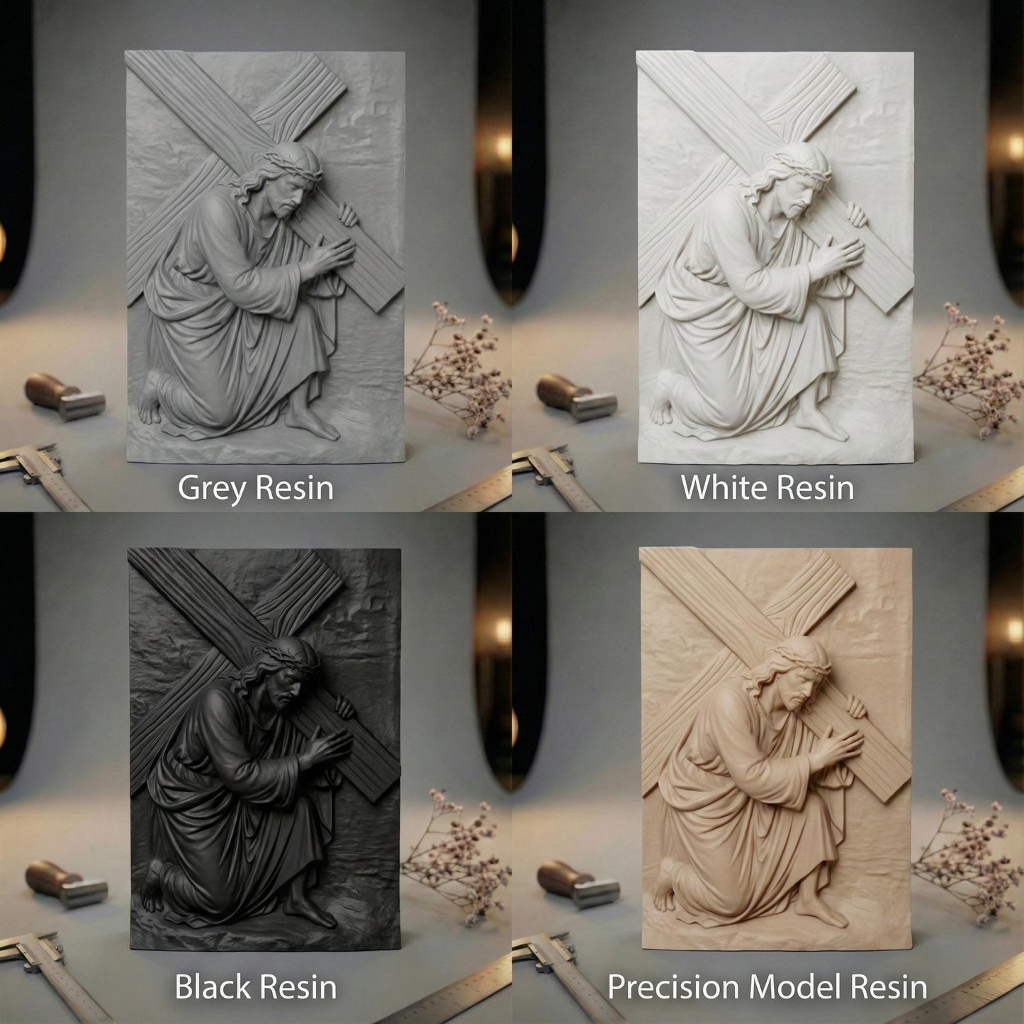 A deep relief 3D sculpture of Jesus Christ kneeling and carrying the cross, rendered in high-resolution gray resin with stone-like finish. The artwork features expressive facial details, flowing robes, and realistic wood grain texture on the cross. Ideal for Christian home decor, religious gifts, or prayer room installations. Studio lighting highlights the elegant depth and intricate craftsmanship of the resin print.