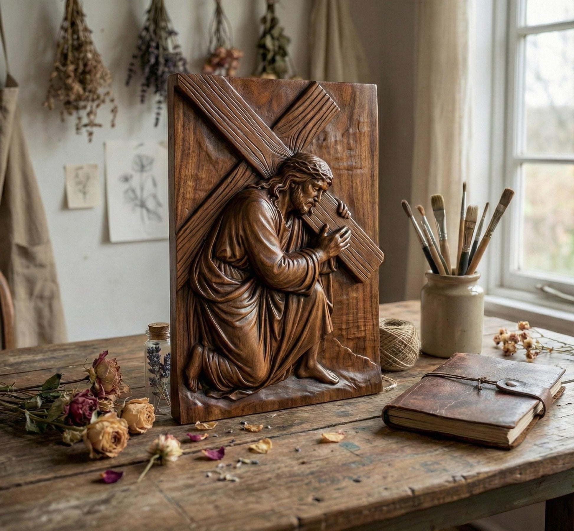 Jesus Carrying Cross 3D Model: Christian CNC Laser Engraving (STL Digital Download)