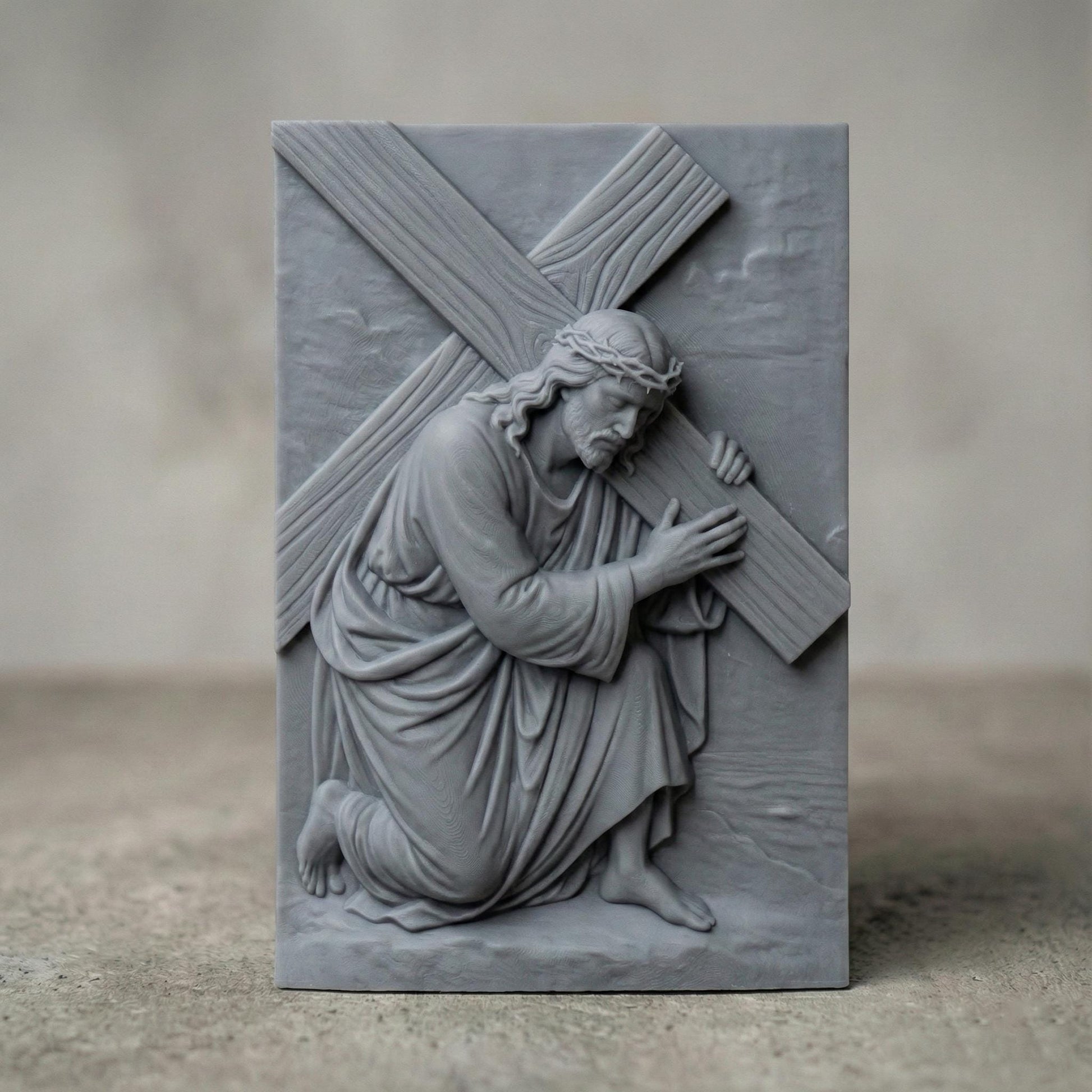 A highly detailed 3D bas-relief of Jesus Christ carrying the cross, kneeling with profound emotion and strength. Designed for CNC carving, laser engraving, or 3D printing, this STL artwork captures a sacred moment from the Passion. Perfect for Easter decor, religious gifts, or church installations. Ideal for wood, resin, or marble-like finishes, this powerful scene brings depth and spiritual reverence to any Christian wall art collection.