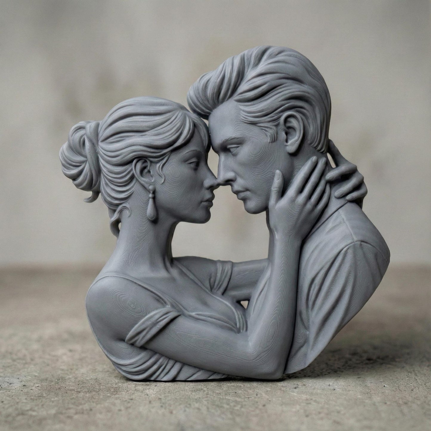 Romantic couple in deep embrace 3D bas relief sculpture, STL file for CNC carving or 3D printing. Ideal for Valentine’s Day or anniversary gifts, showing emotional connection between man and woman. High-detail forehead touch pose with artistic lines, perfect for wood, resin, or laser engraving outputs.