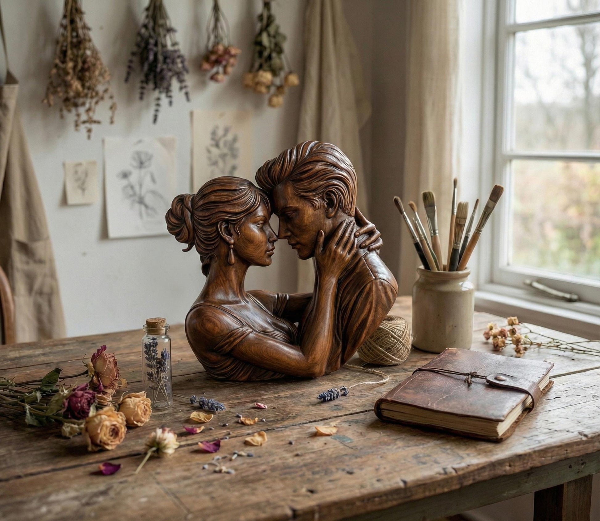 Romantic couple in deep embrace 3D bas relief sculpture, STL file for CNC carving or 3D printing. Ideal for Valentine’s Day or anniversary gifts, showing emotional connection between man and woman. High-detail forehead touch pose with artistic lines, perfect for wood, resin, or laser engraving outputs.