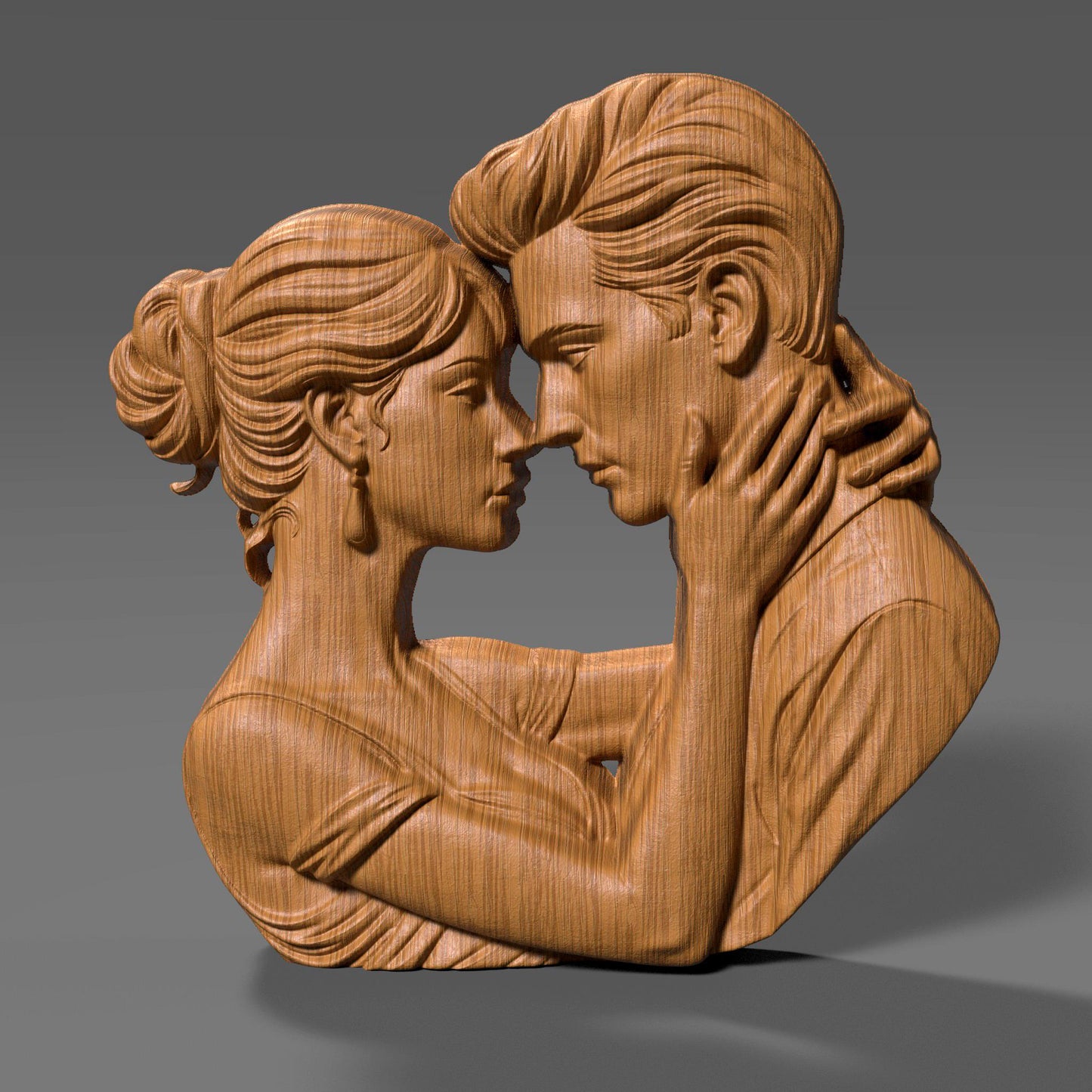 Romantic couple in deep embrace 3D bas relief sculpture, STL file for CNC carving or 3D printing. Ideal for Valentine’s Day or anniversary gifts, showing emotional connection between man and woman. High-detail forehead touch pose with artistic lines, perfect for wood, resin, or laser engraving outputs.