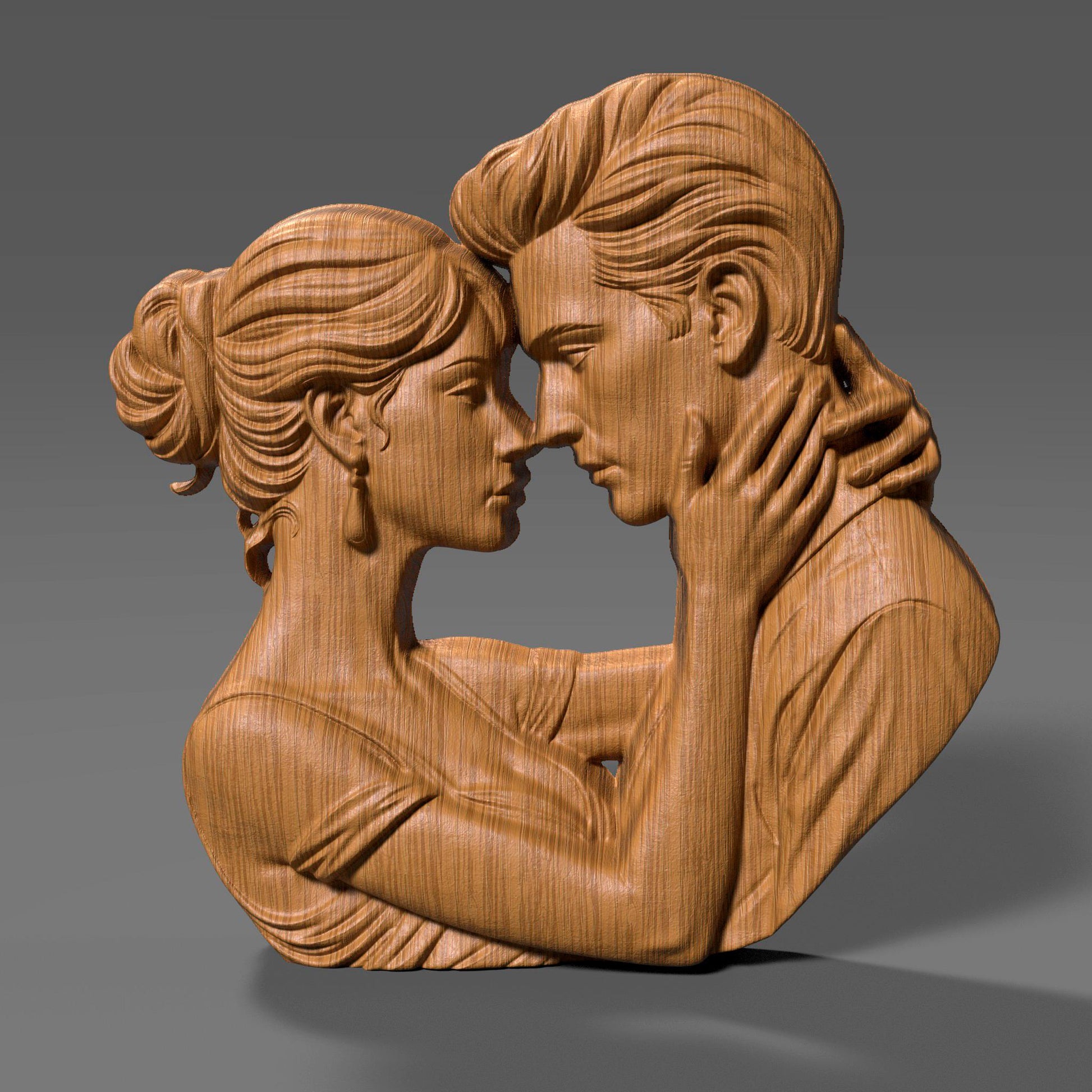 Romantic couple in deep embrace 3D bas relief sculpture, STL file for CNC carving or 3D printing. Ideal for Valentine’s Day or anniversary gifts, showing emotional connection between man and woman. High-detail forehead touch pose with artistic lines, perfect for wood, resin, or laser engraving outputs.