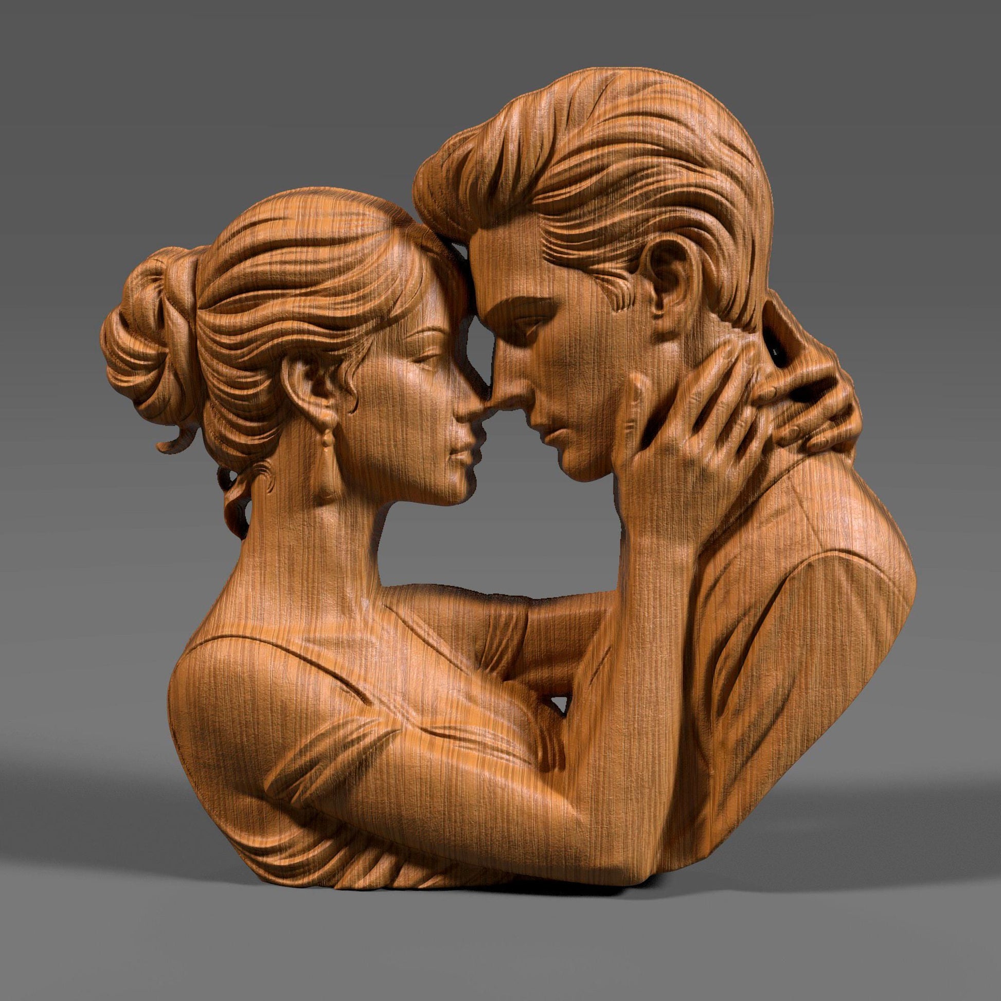 Romantic couple in deep embrace 3D bas relief sculpture, STL file for CNC carving or 3D printing. Ideal for Valentine’s Day or anniversary gifts, showing emotional connection between man and woman. High-detail forehead touch pose with artistic lines, perfect for wood, resin, or laser engraving outputs.