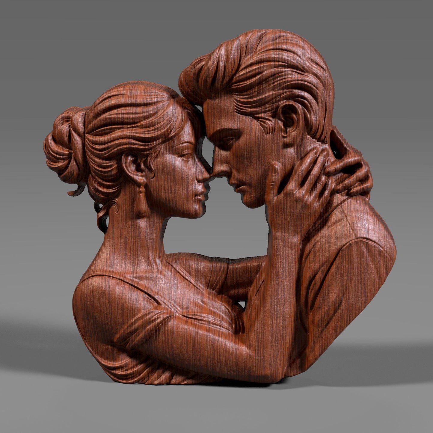 Romantic couple in deep embrace 3D bas relief sculpture, STL file for CNC carving or 3D printing. Ideal for Valentine’s Day or anniversary gifts, showing emotional connection between man and woman. High-detail forehead touch pose with artistic lines, perfect for wood, resin, or laser engraving outputs.
