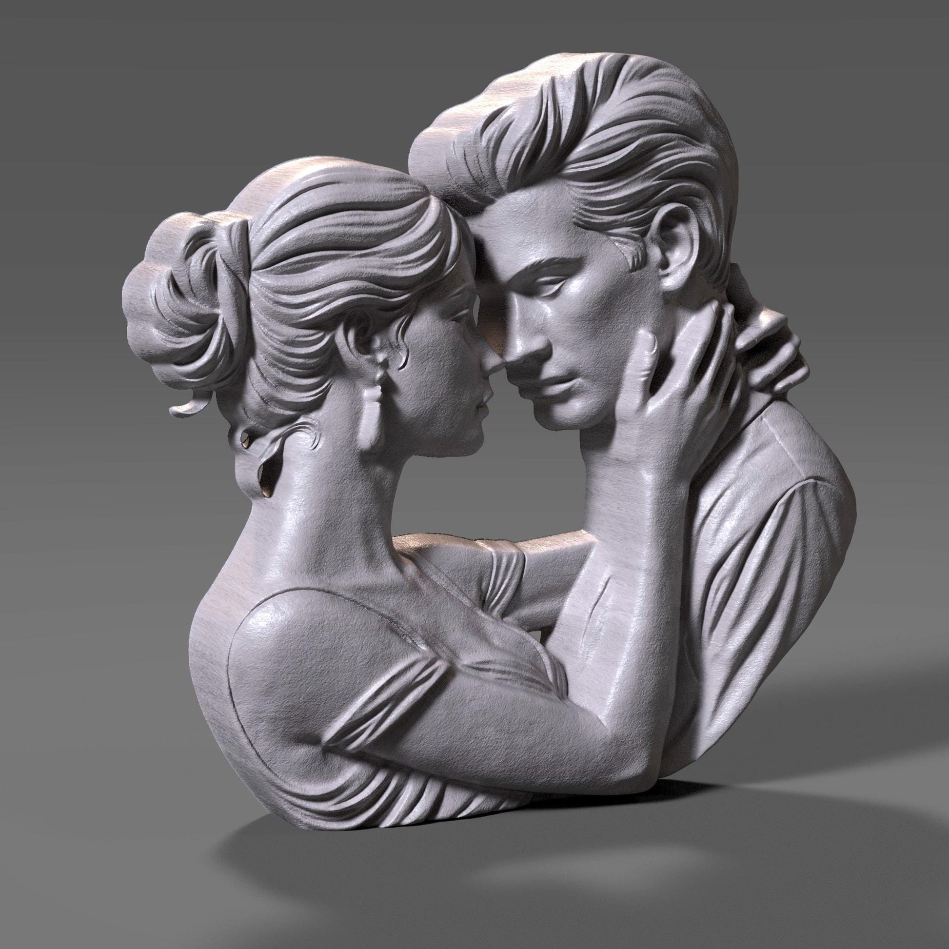Romantic couple in deep embrace 3D bas relief sculpture, STL file for CNC carving or 3D printing. Ideal for Valentine’s Day or anniversary gifts, showing emotional connection between man and woman. High-detail forehead touch pose with artistic lines, perfect for wood, resin, or laser engraving outputs.