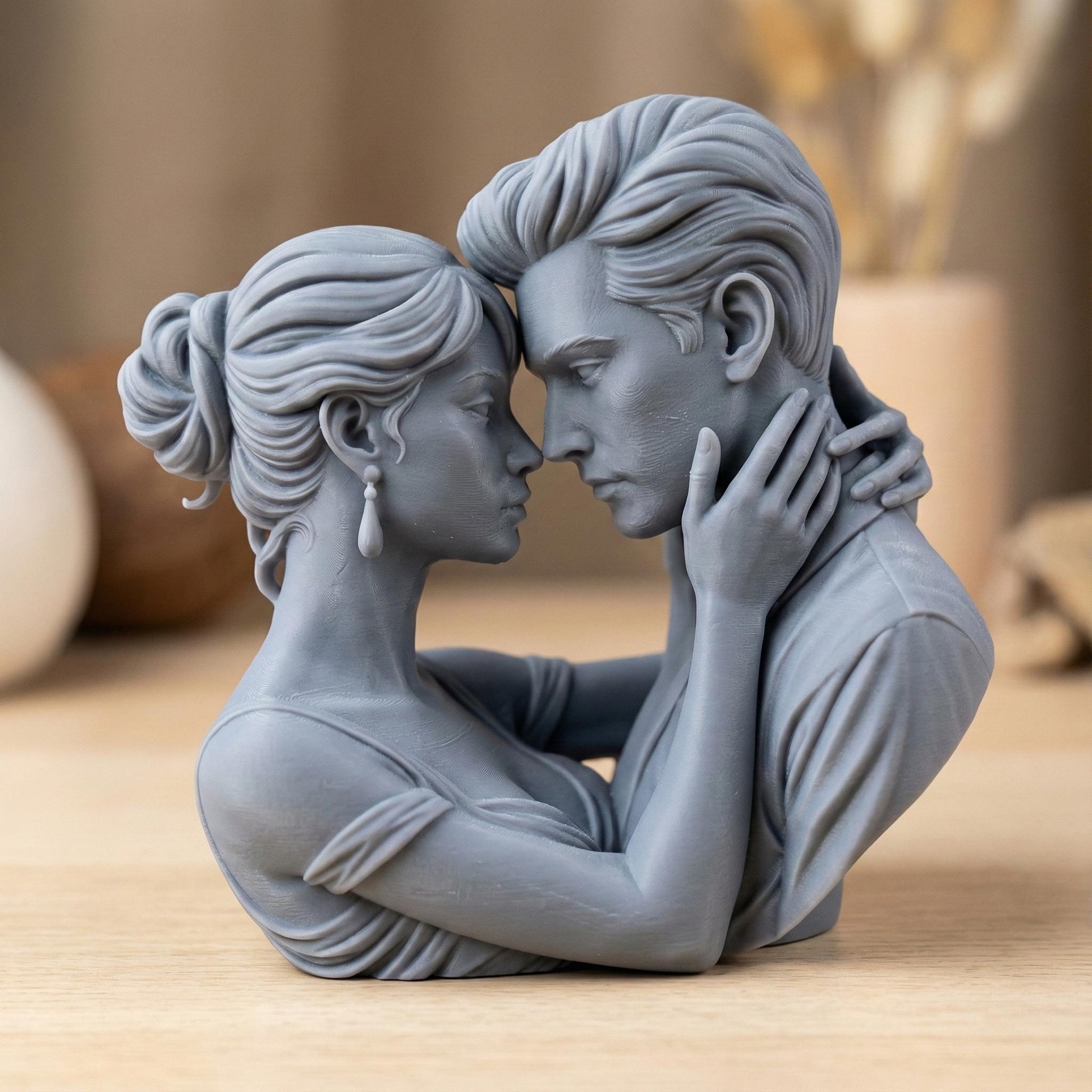 Romantic couple in deep embrace 3D bas relief sculpture, STL file for CNC carving or 3D printing. Ideal for Valentine’s Day or anniversary gifts, showing emotional connection between man and woman. High-detail forehead touch pose with artistic lines, perfect for wood, resin, or laser engraving outputs.