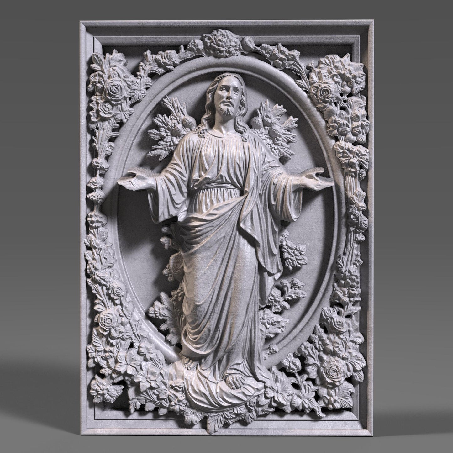Highly detailed 3D STL relief model of Jesus Christ, designed for CNC wood carving, laser engraving, and 3D printing. This digital download features intricate sculpting with realistic facial details, flowing hair, and a serene expression. The halo behind adds a divine touch, making it ideal for religious decor, Christian gifts, and Easter wall art. Perfect for artisans, woodworkers, and makers creating custom faith-based crafts, wooden sculptures, or church decorations