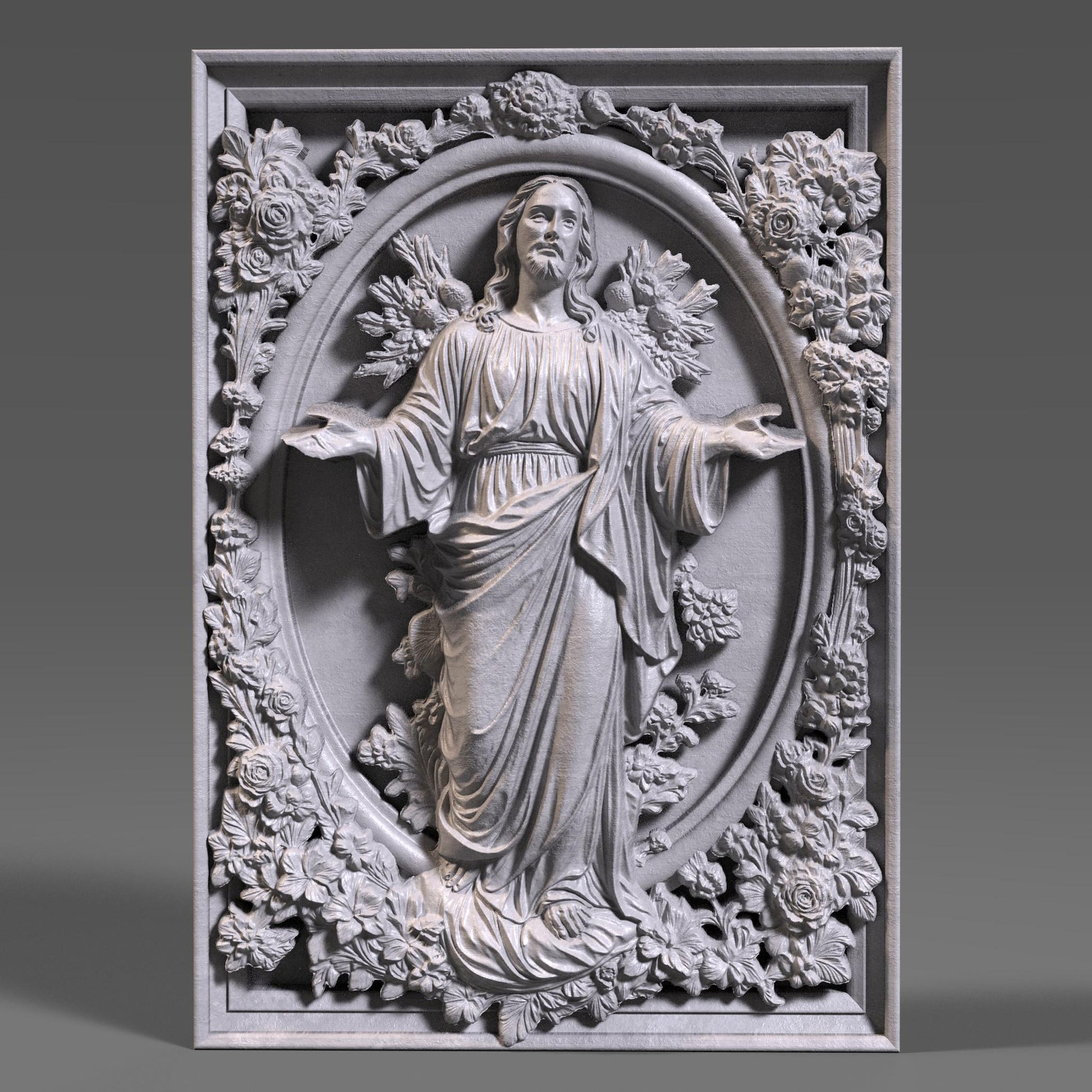 Highly detailed 3D STL relief model of Jesus Christ, designed for CNC wood carving, laser engraving, and 3D printing. This digital download features intricate sculpting with realistic facial details, flowing hair, and a serene expression. The halo behind adds a divine touch, making it ideal for religious decor, Christian gifts, and Easter wall art. Perfect for artisans, woodworkers, and makers creating custom faith-based crafts, wooden sculptures, or church decorations