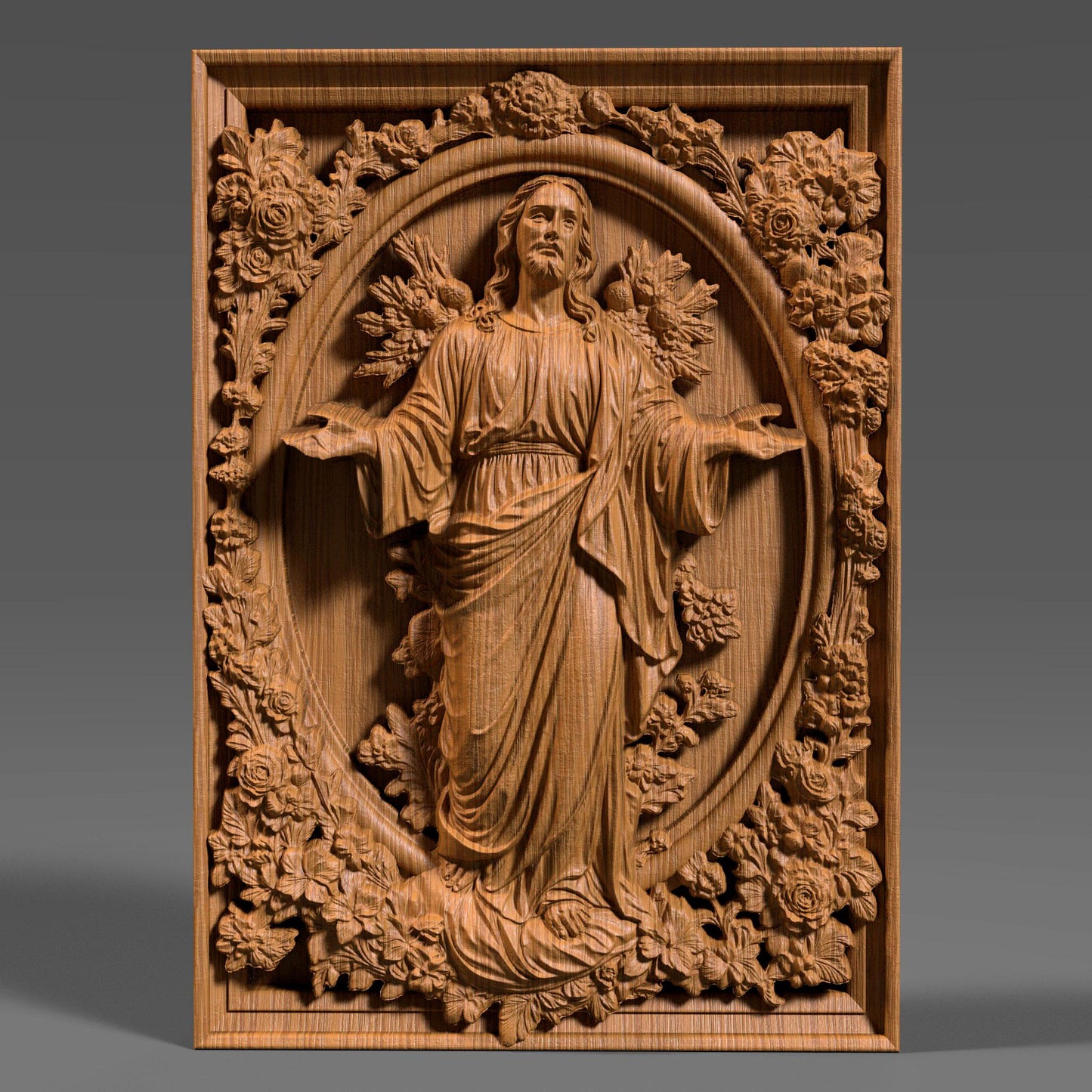Highly detailed 3D STL relief model of Jesus Christ, designed for CNC wood carving, laser engraving, and 3D printing. This digital download features intricate sculpting with realistic facial details, flowing hair, and a serene expression. The halo behind adds a divine touch, making it ideal for religious decor, Christian gifts, and Easter wall art. Perfect for artisans, woodworkers, and makers creating custom faith-based crafts, wooden sculptures, or church decorations
