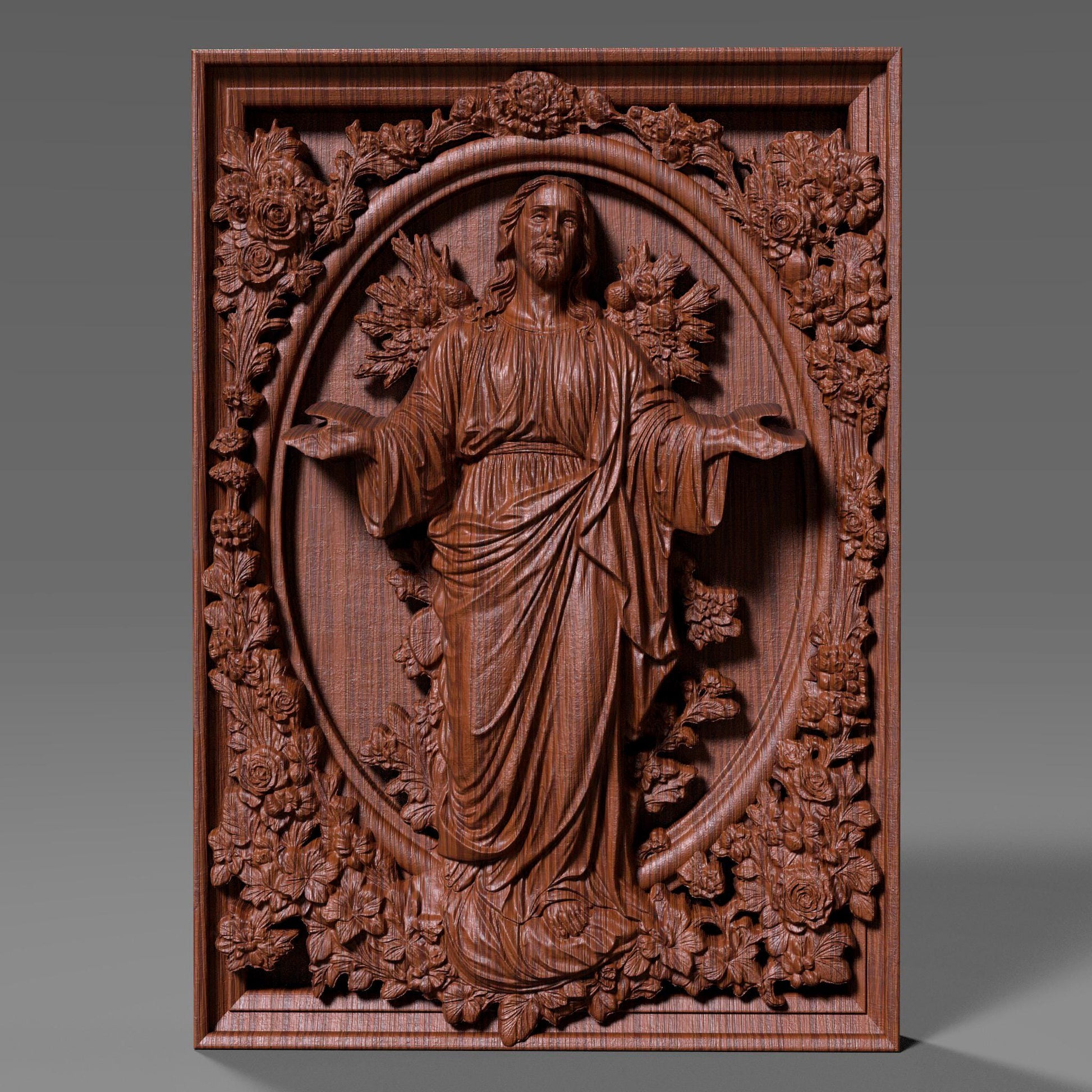 Highly detailed 3D STL relief model of Jesus Christ, designed for CNC wood carving, laser engraving, and 3D printing. This digital download features intricate sculpting with realistic facial details, flowing hair, and a serene expression. The halo behind adds a divine touch, making it ideal for religious decor, Christian gifts, and Easter wall art. Perfect for artisans, woodworkers, and makers creating custom faith-based crafts, wooden sculptures, or church decorations