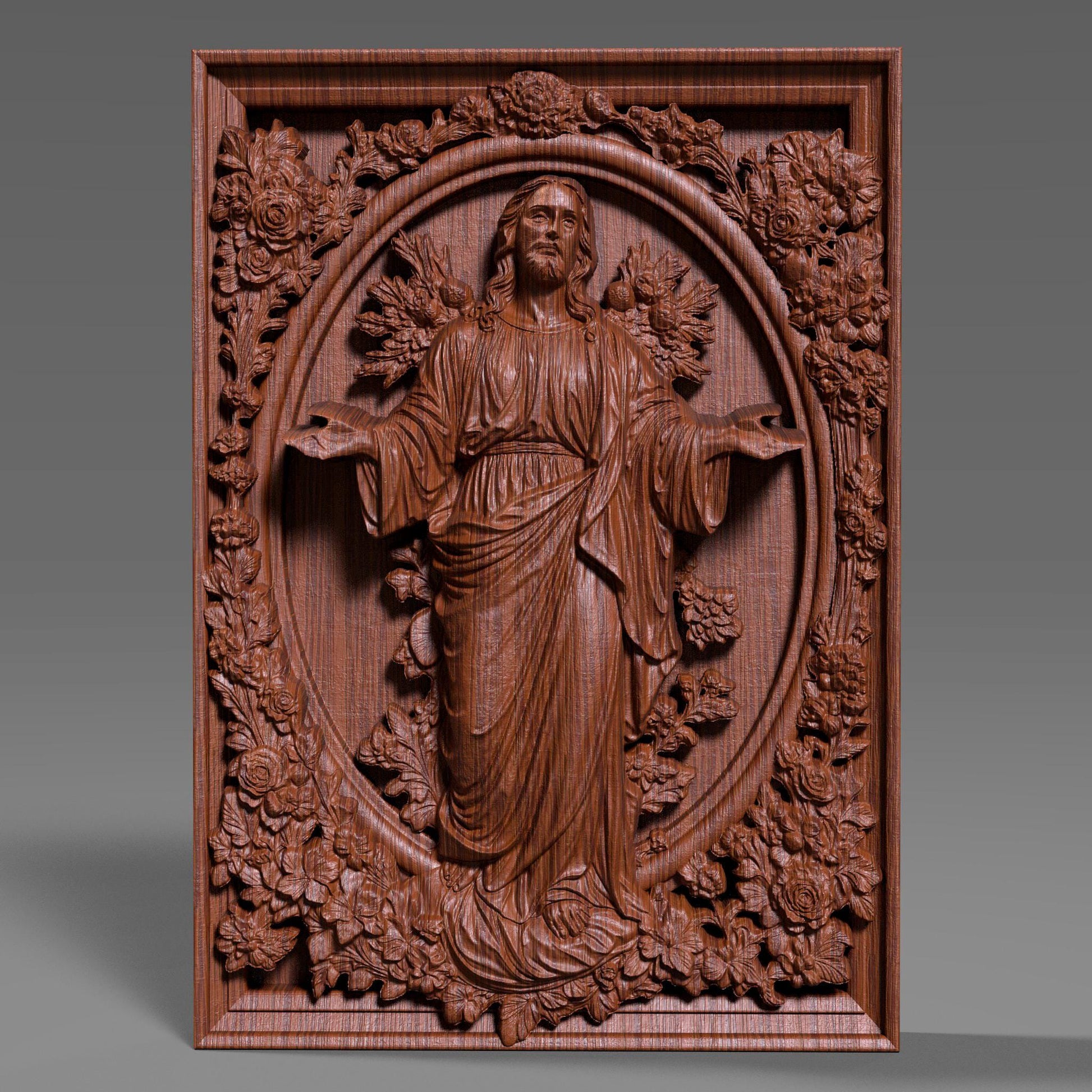 Highly detailed 3D STL relief model of Jesus Christ, designed for CNC wood carving, laser engraving, and 3D printing. This digital download features intricate sculpting with realistic facial details, flowing hair, and a serene expression. The halo behind adds a divine touch, making it ideal for religious decor, Christian gifts, and Easter wall art. Perfect for artisans, woodworkers, and makers creating custom faith-based crafts, wooden sculptures, or church decorations