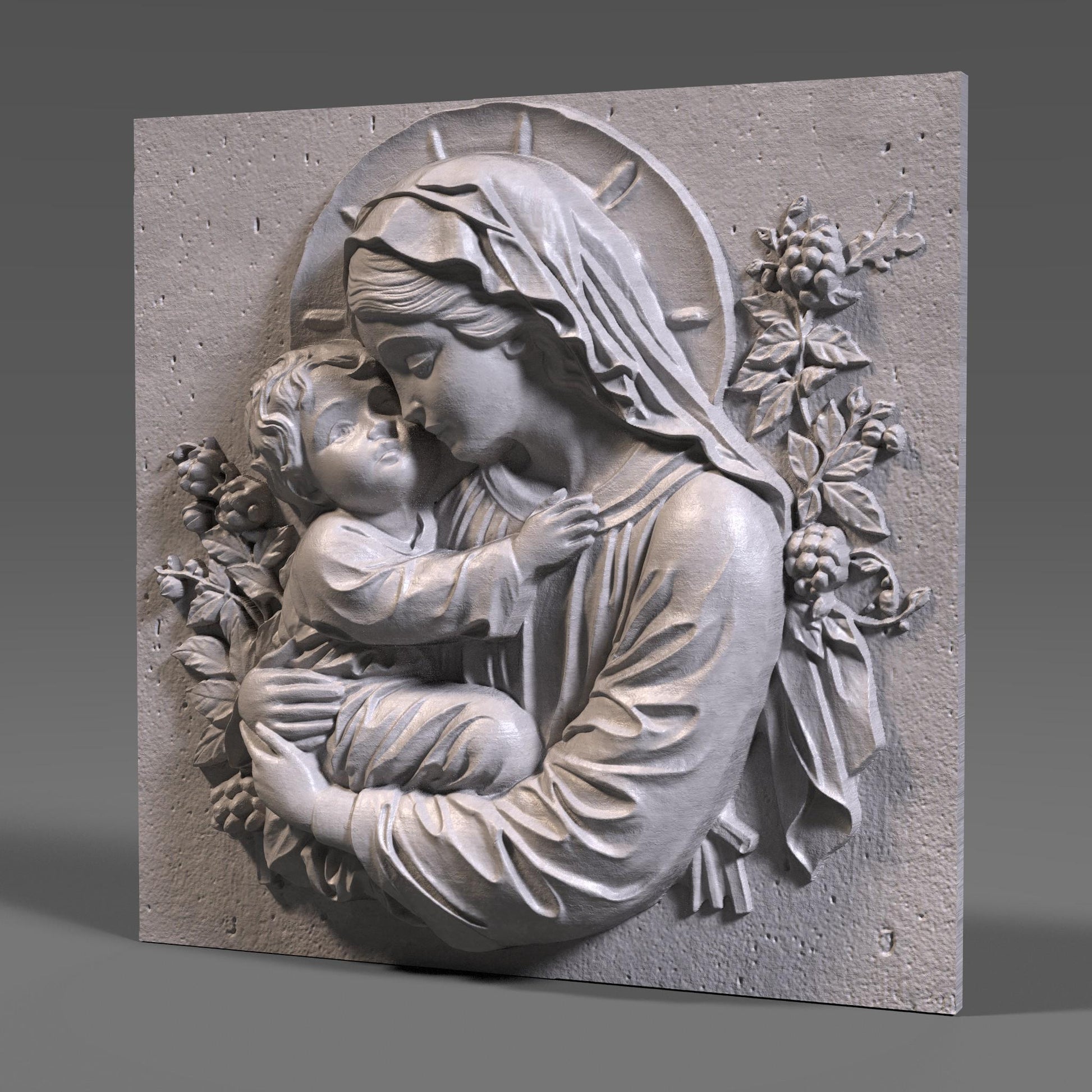 Beautiful 3D STL relief of the Virgin Mary holding baby Jesus, designed for CNC wood carving, laser engraving, and 3D printing. This highly detailed digital download features intricate floral accents and a touching depiction of maternal love and divine grace. Ideal for religious wall art, Christian home decor, and handmade faith-based gifts. Perfect for artisans, woodworkers, and churches looking to create sacred sculptures, devotional pieces, or Easter and Christmas decorations.