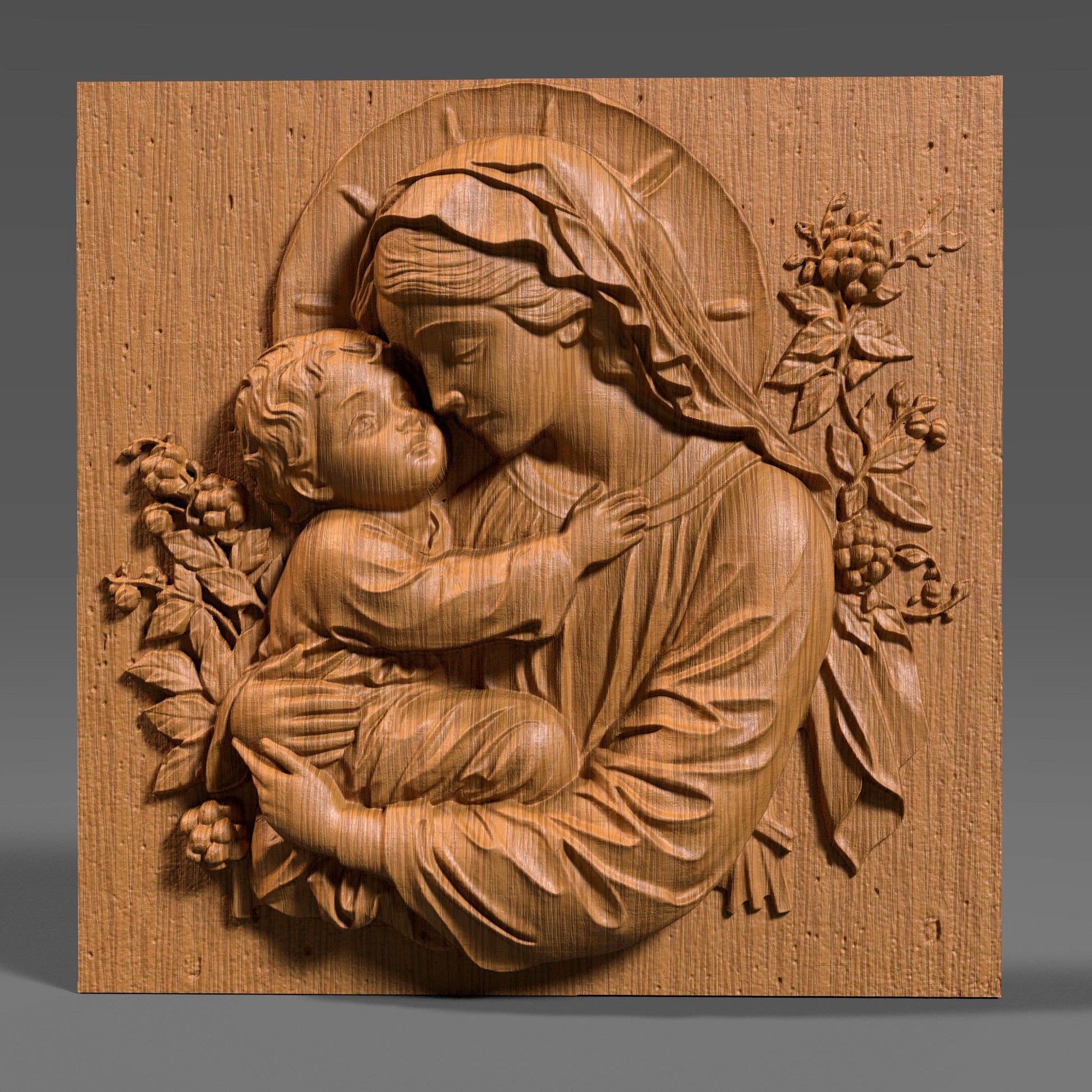 Beautiful 3D STL relief of the Virgin Mary holding baby Jesus, designed for CNC wood carving, laser engraving, and 3D printing. This highly detailed digital download features intricate floral accents and a touching depiction of maternal love and divine grace. Ideal for religious wall art, Christian home decor, and handmade faith-based gifts. Perfect for artisans, woodworkers, and churches looking to create sacred sculptures, devotional pieces, or Easter and Christmas decorations.