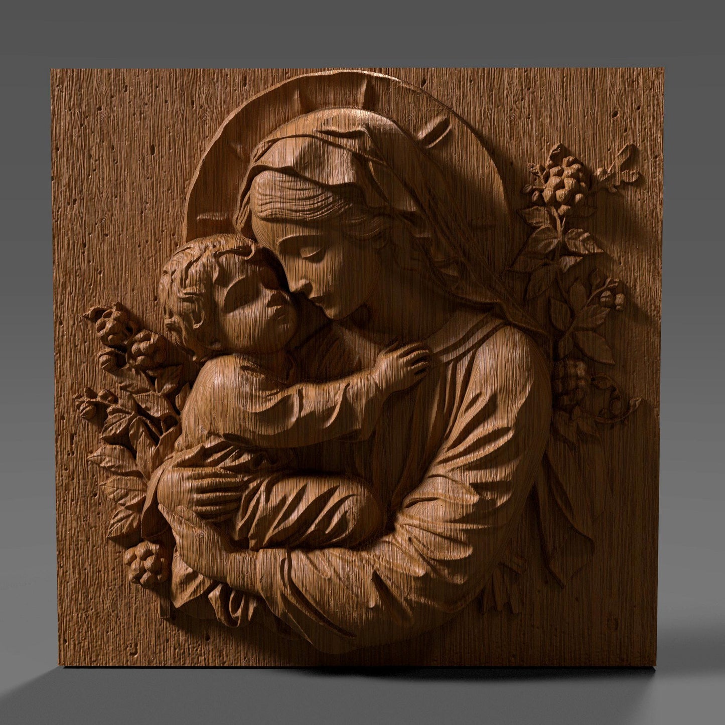 Beautiful 3D STL relief of the Virgin Mary holding baby Jesus, designed for CNC wood carving, laser engraving, and 3D printing. This highly detailed digital download features intricate floral accents and a touching depiction of maternal love and divine grace. Ideal for religious wall art, Christian home decor, and handmade faith-based gifts. Perfect for artisans, woodworkers, and churches looking to create sacred sculptures, devotional pieces, or Easter and Christmas decorations.