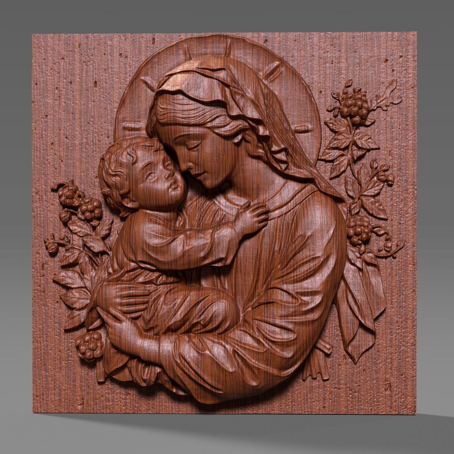 Beautiful 3D STL relief of the Virgin Mary holding baby Jesus, designed for CNC wood carving, laser engraving, and 3D printing. This highly detailed digital download features intricate floral accents and a touching depiction of maternal love and divine grace. Ideal for religious wall art, Christian home decor, and handmade faith-based gifts. Perfect for artisans, woodworkers, and churches looking to create sacred sculptures, devotional pieces, or Easter and Christmas decorations.