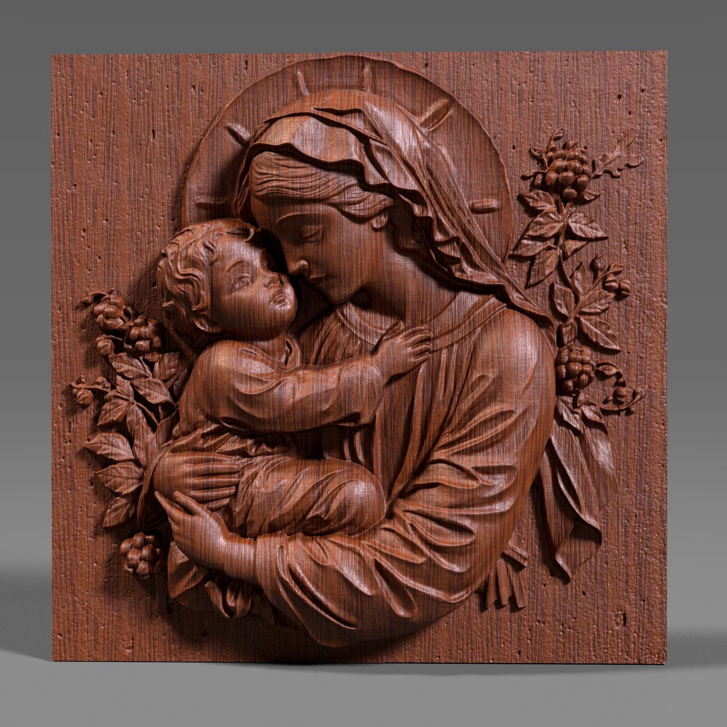 Beautiful 3D STL relief of the Virgin Mary holding baby Jesus, designed for CNC wood carving, laser engraving, and 3D printing. This highly detailed digital download features intricate floral accents and a touching depiction of maternal love and divine grace. Ideal for religious wall art, Christian home decor, and handmade faith-based gifts. Perfect for artisans, woodworkers, and churches looking to create sacred sculptures, devotional pieces, or Easter and Christmas decorations.