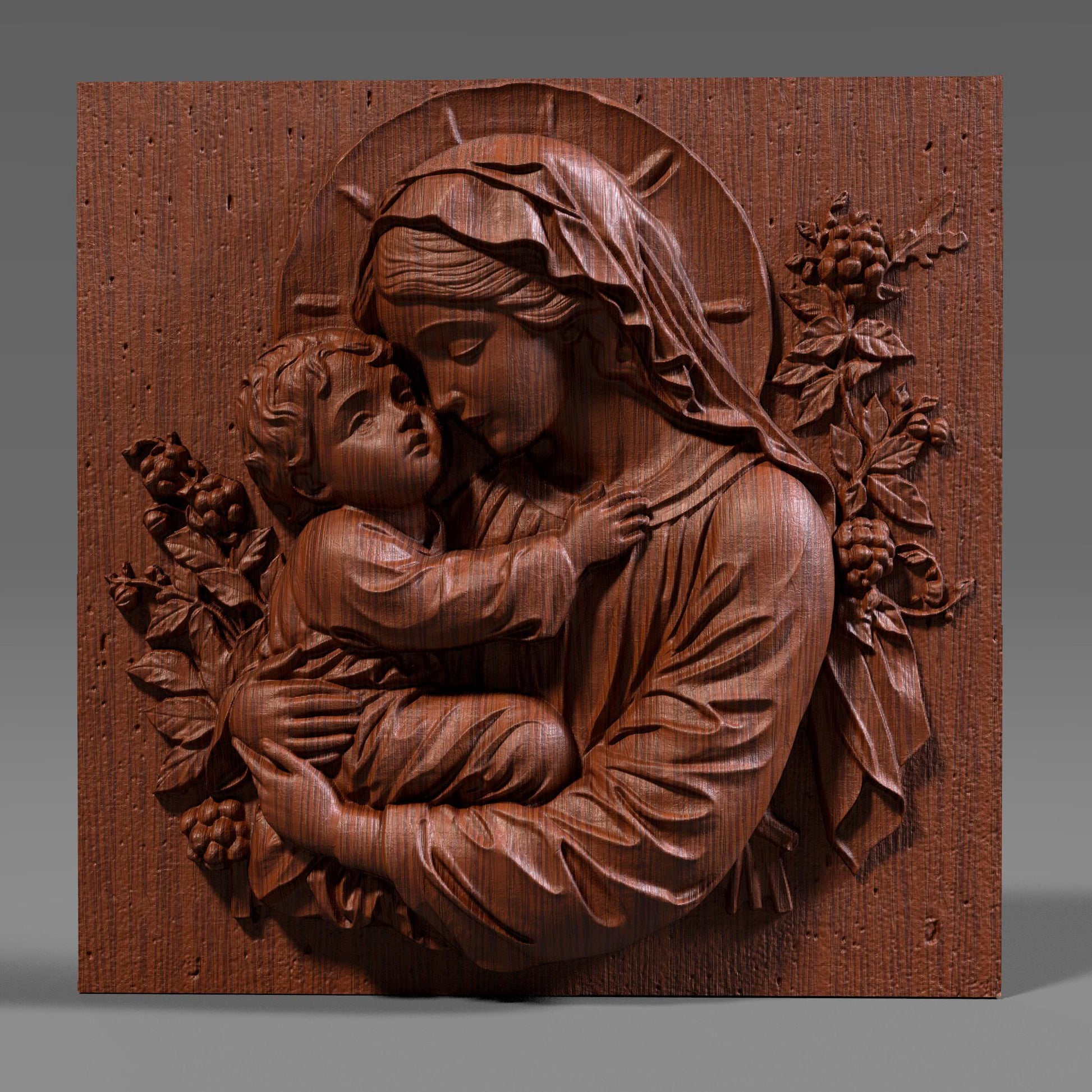 Beautiful 3D STL relief of the Virgin Mary holding baby Jesus, designed for CNC wood carving, laser engraving, and 3D printing. This highly detailed digital download features intricate floral accents and a touching depiction of maternal love and divine grace. Ideal for religious wall art, Christian home decor, and handmade faith-based gifts. Perfect for artisans, woodworkers, and churches looking to create sacred sculptures, devotional pieces, or Easter and Christmas decorations.
