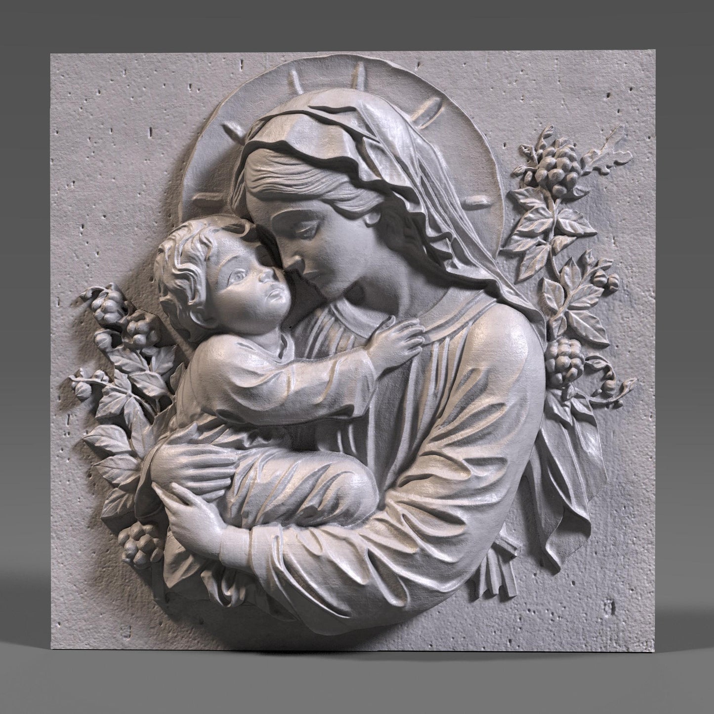 Beautiful 3D STL relief of the Virgin Mary holding baby Jesus, designed for CNC wood carving, laser engraving, and 3D printing. This highly detailed digital download features intricate floral accents and a touching depiction of maternal love and divine grace. Ideal for religious wall art, Christian home decor, and handmade faith-based gifts. Perfect for artisans, woodworkers, and churches looking to create sacred sculptures, devotional pieces, or Easter and Christmas decorations.
