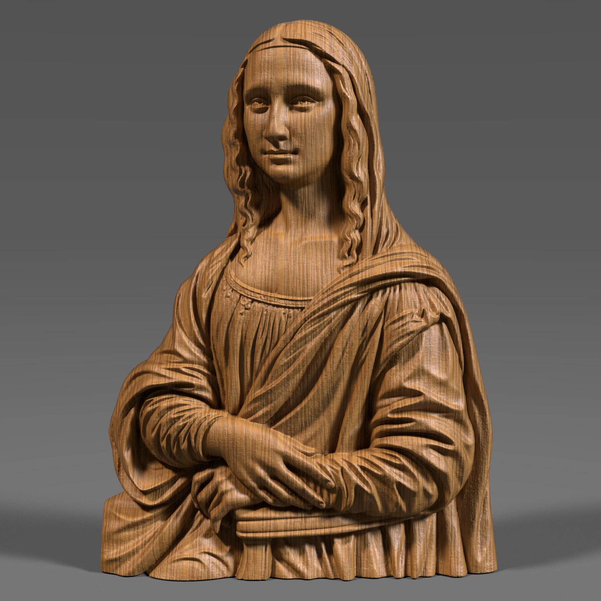 Elegant 3D sculpture of the Mona Lisa bust rendered in high-resolution resin and carved wood finishes, ideal for premium CNC carving or high-detail 3D printing. Classic Renaissance pose with flowing hair and detailed drapery, perfect for art collectors and luxury home decor creators.