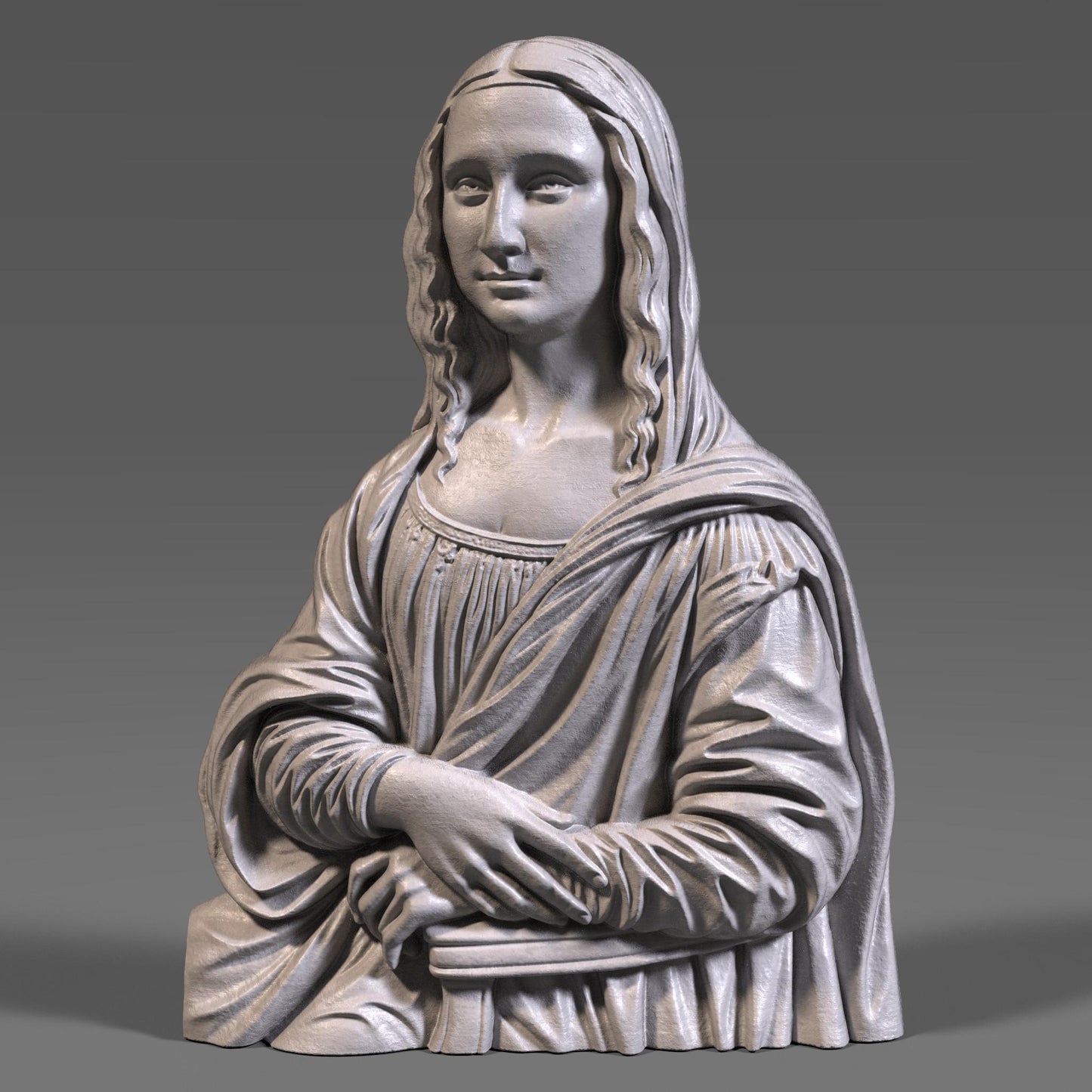Elegant 3D sculpture of the Mona Lisa bust rendered in high-resolution resin and carved wood finishes, ideal for premium CNC carving or high-detail 3D printing. Classic Renaissance pose with flowing hair and detailed drapery, perfect for art collectors and luxury home decor creators.
