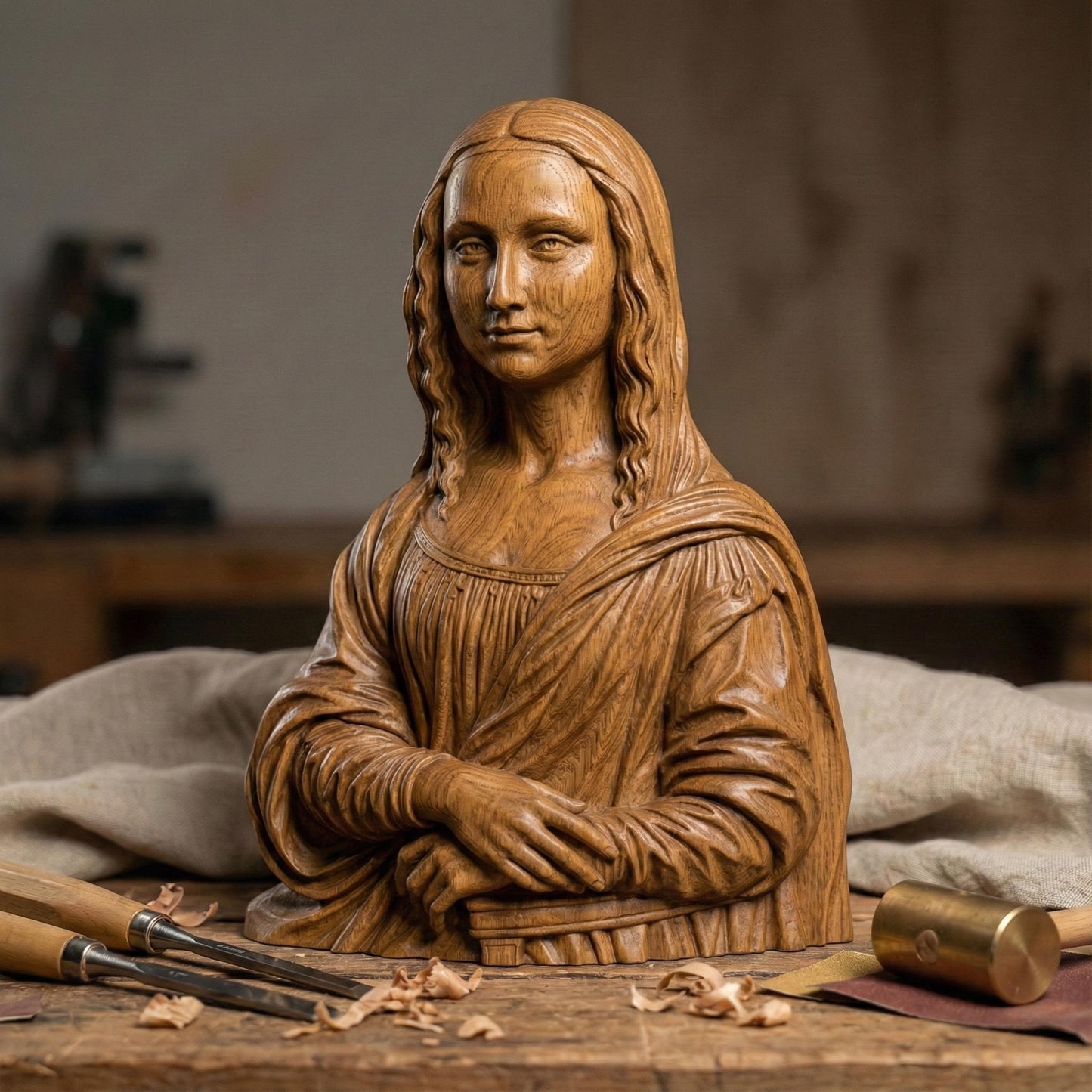 Elegant 3D sculpture of the Mona Lisa bust rendered in high-resolution resin and carved wood finishes, ideal for premium CNC carving or high-detail 3D printing. Classic Renaissance pose with flowing hair and detailed drapery, perfect for art collectors and luxury home decor creators.