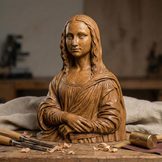 Elegant 3D sculpture of the Mona Lisa bust rendered in high-resolution resin and carved wood finishes, ideal for premium CNC carving or high-detail 3D printing. Classic Renaissance pose with flowing hair and detailed drapery, perfect for art collectors and luxury home decor creators.