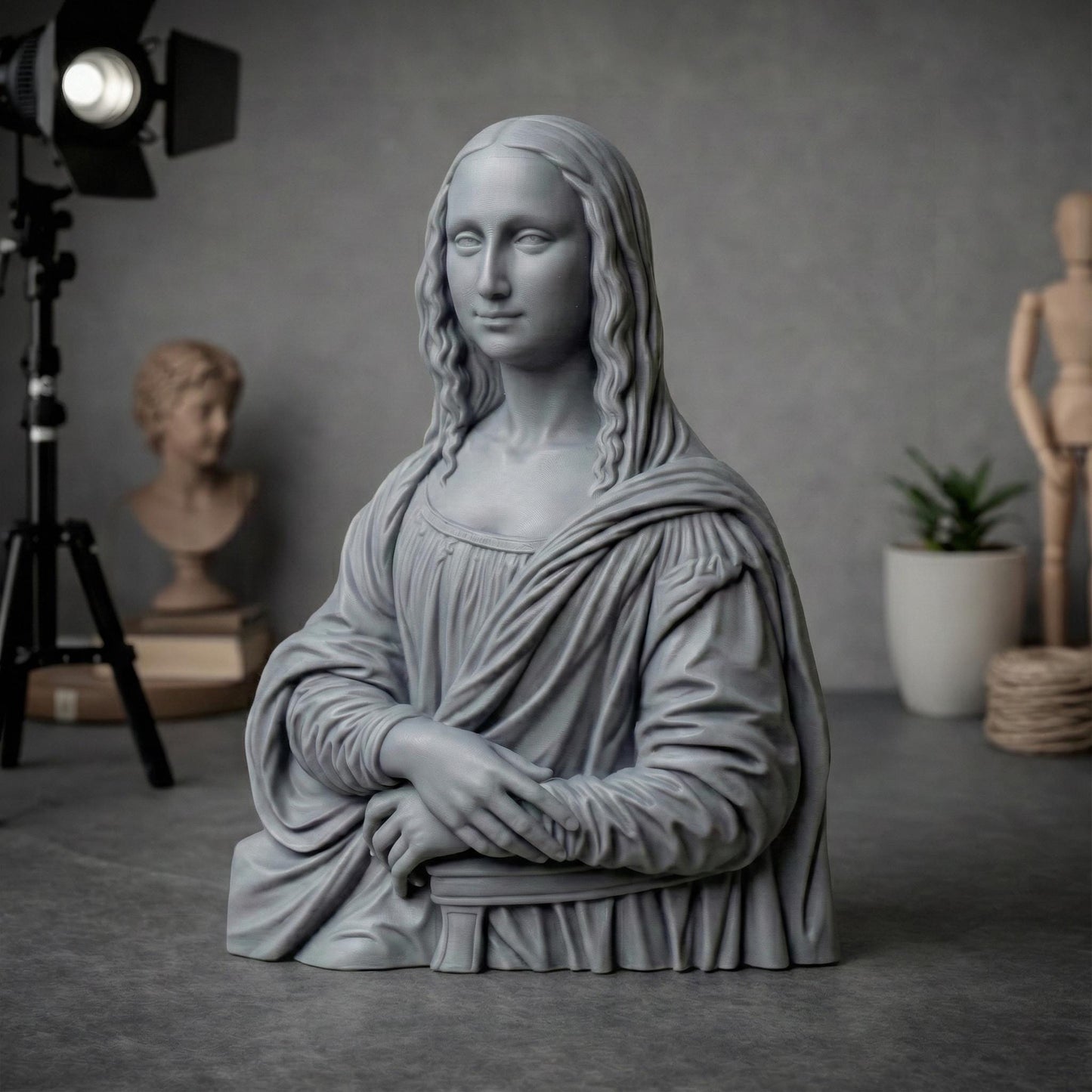 Elegant 3D sculpture of the Mona Lisa bust rendered in high-resolution resin and carved wood finishes, ideal for premium CNC carving or high-detail 3D printing. Classic Renaissance pose with flowing hair and detailed drapery, perfect for art collectors and luxury home decor creators.
