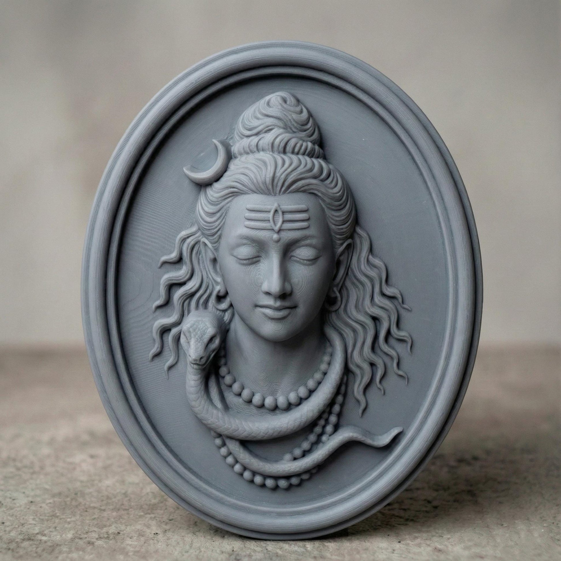3D bas relief of Lord Shiva carved in wood texture, showcasing his serene expression, crescent moon on his hair, closed eyes, detailed wavy hair, rudraksha necklace, and a coiled snake around his neck, set within a round plaque design. Ideal for CNC carving, religious wall art, and traditional Indian decor, rendered with realistic wood grain detailing and deep engraving for visual depth and dimensional quality.