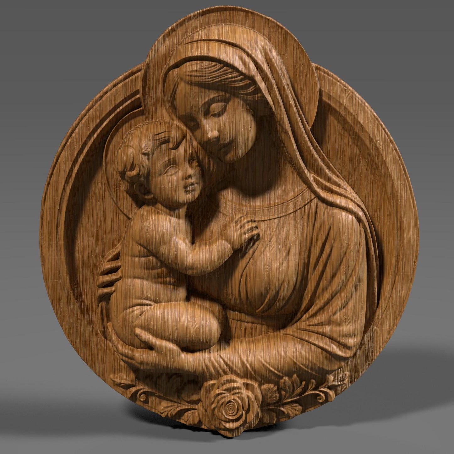Beautiful 3D STL relief of the Virgin Mary holding baby Jesus, designed for CNC wood carving, laser engraving, and 3D printing. This highly detailed digital download features intricate floral accents and a touching depiction of maternal love and divine grace. Ideal for religious wall art, Christian home decor, and handmade faith-based gifts. Perfect for artisans, woodworkers, and churches looking to create sacred sculptures, devotional pieces, or Easter and Christmas decorations.