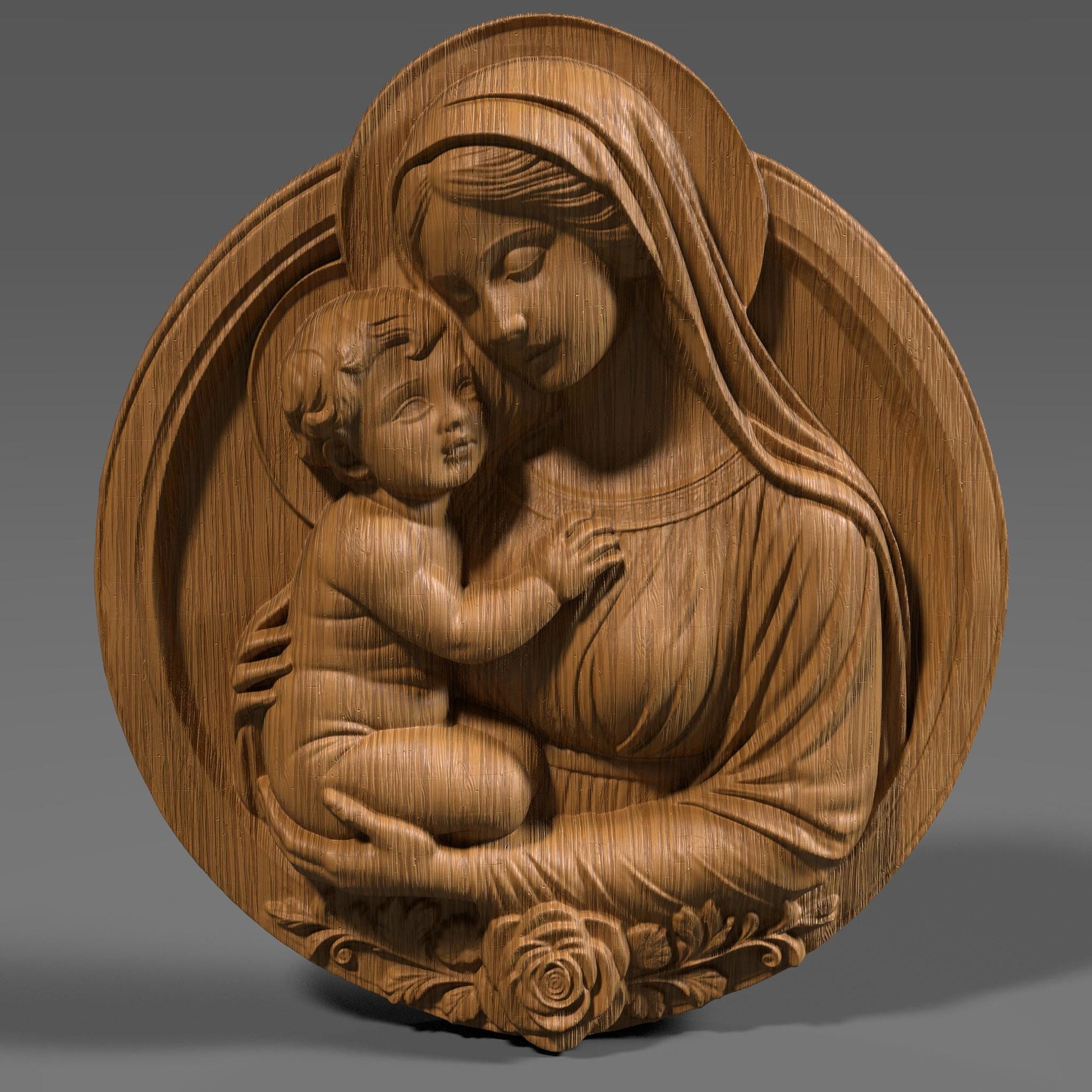 Beautiful 3D STL relief of the Virgin Mary holding baby Jesus, designed for CNC wood carving, laser engraving, and 3D printing. This highly detailed digital download features intricate floral accents and a touching depiction of maternal love and divine grace. Ideal for religious wall art, Christian home decor, and handmade faith-based gifts. Perfect for artisans, woodworkers, and churches looking to create sacred sculptures, devotional pieces, or Easter and Christmas decorations.