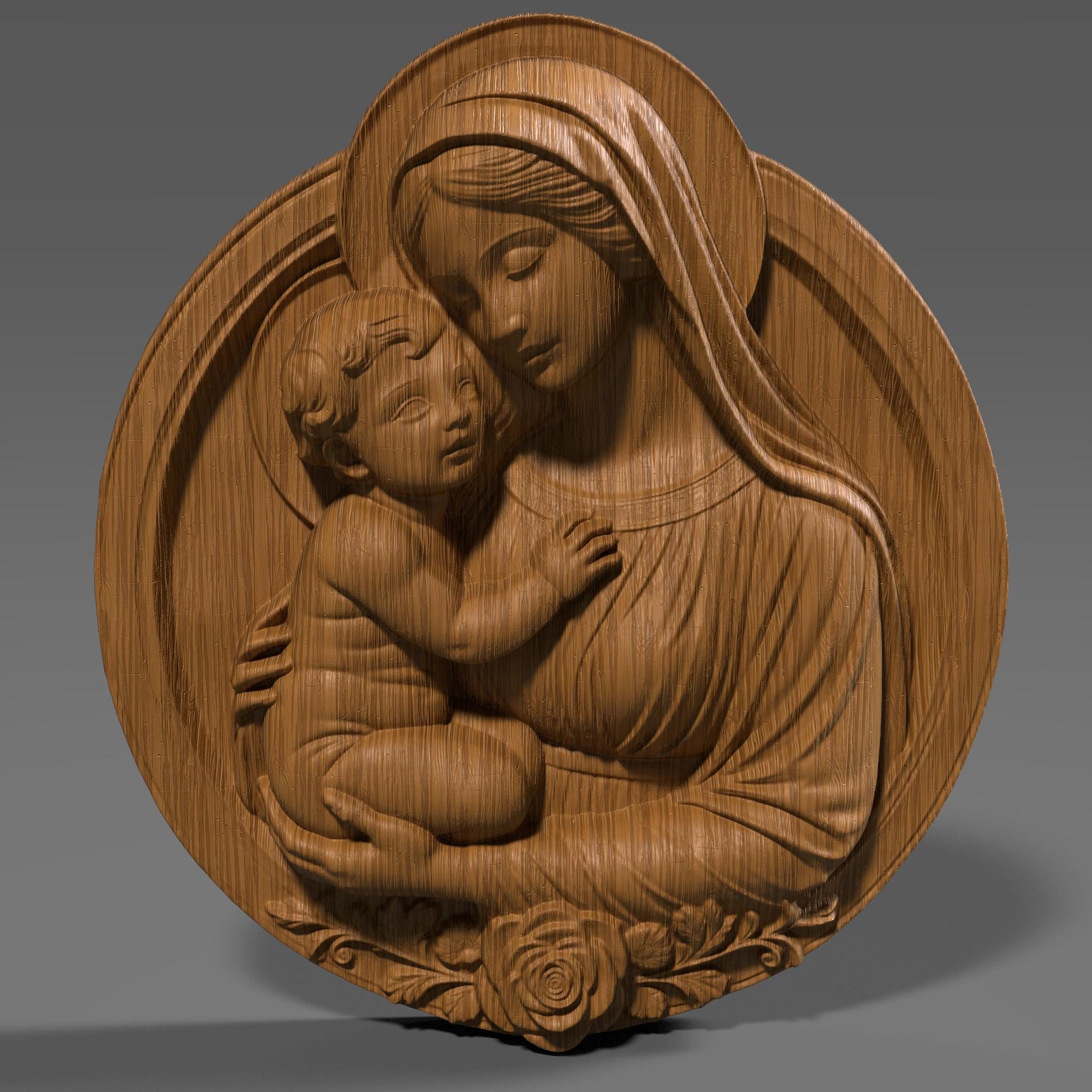 Beautiful 3D STL relief of the Virgin Mary holding baby Jesus, designed for CNC wood carving, laser engraving, and 3D printing. This highly detailed digital download features intricate floral accents and a touching depiction of maternal love and divine grace. Ideal for religious wall art, Christian home decor, and handmade faith-based gifts. Perfect for artisans, woodworkers, and churches looking to create sacred sculptures, devotional pieces, or Easter and Christmas decorations.