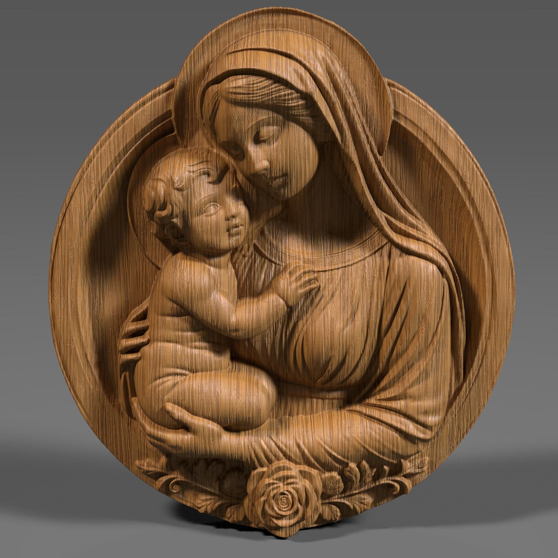 Beautiful 3D STL relief of the Virgin Mary holding baby Jesus, designed for CNC wood carving, laser engraving, and 3D printing. This highly detailed digital download features intricate floral accents and a touching depiction of maternal love and divine grace. Ideal for religious wall art, Christian home decor, and handmade faith-based gifts. Perfect for artisans, woodworkers, and churches looking to create sacred sculptures, devotional pieces, or Easter and Christmas decorations.