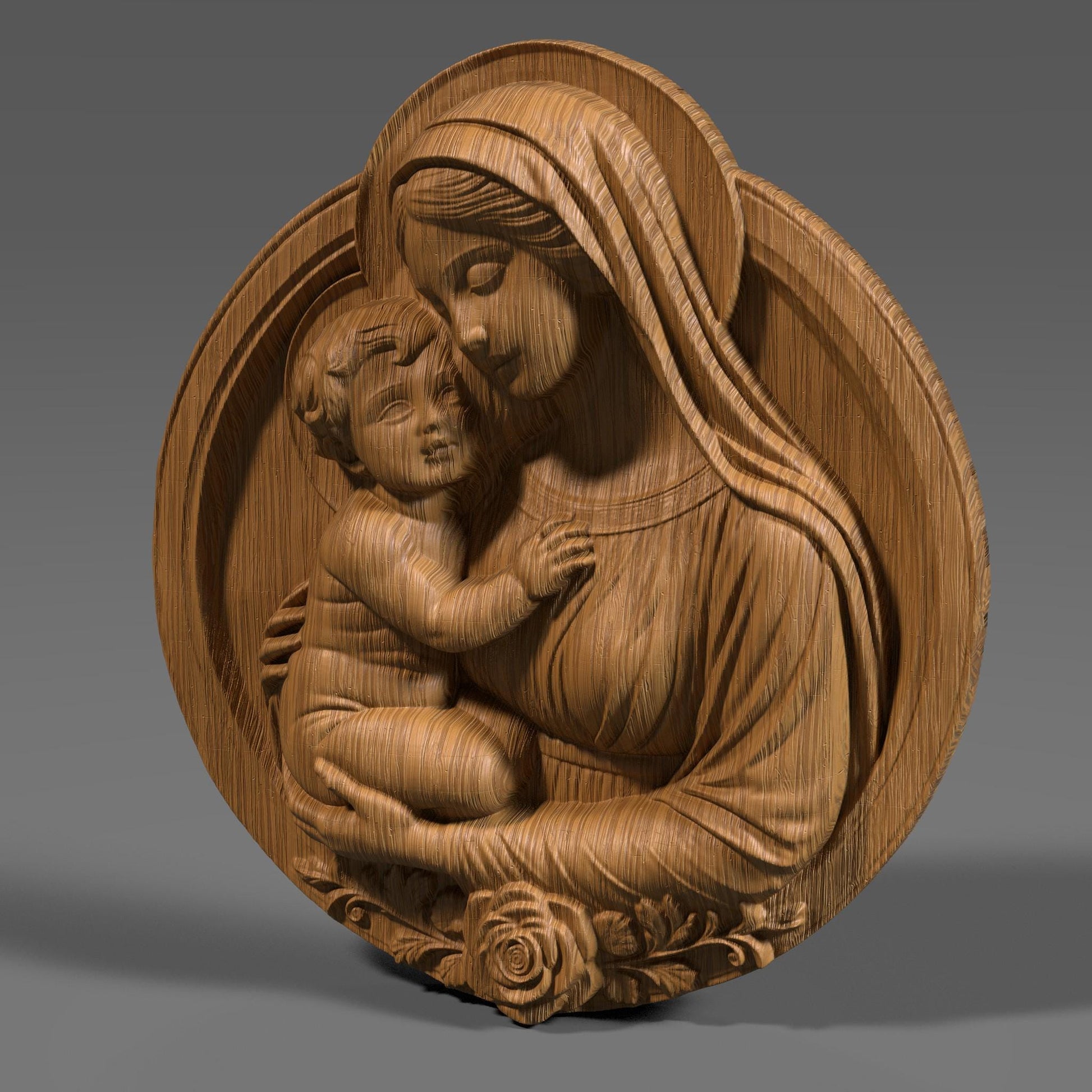 Beautiful 3D STL relief of the Virgin Mary holding baby Jesus, designed for CNC wood carving, laser engraving, and 3D printing. This highly detailed digital download features intricate floral accents and a touching depiction of maternal love and divine grace. Ideal for religious wall art, Christian home decor, and handmade faith-based gifts. Perfect for artisans, woodworkers, and churches looking to create sacred sculptures, devotional pieces, or Easter and Christmas decorations.