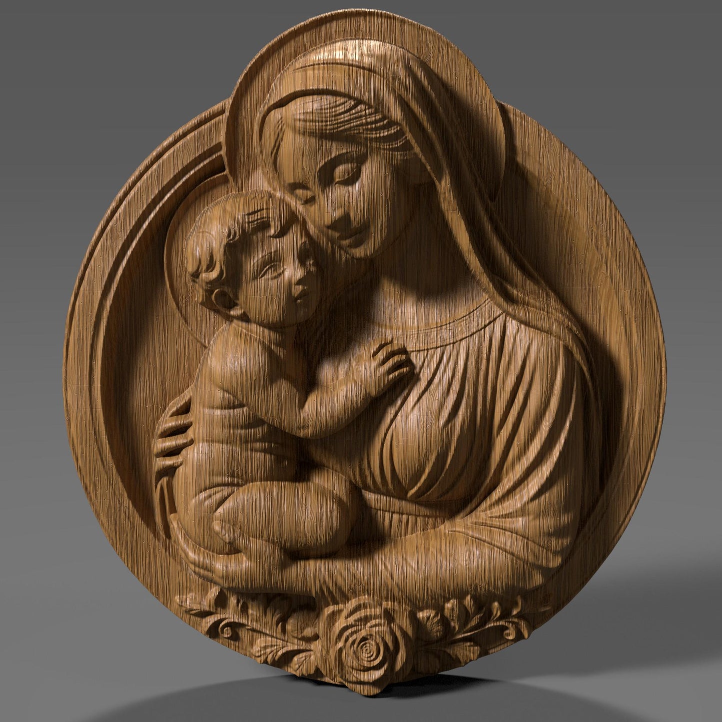 Beautiful 3D STL relief of the Virgin Mary holding baby Jesus, designed for CNC wood carving, laser engraving, and 3D printing. This highly detailed digital download features intricate floral accents and a touching depiction of maternal love and divine grace. Ideal for religious wall art, Christian home decor, and handmade faith-based gifts. Perfect for artisans, woodworkers, and churches looking to create sacred sculptures, devotional pieces, or Easter and Christmas decorations.